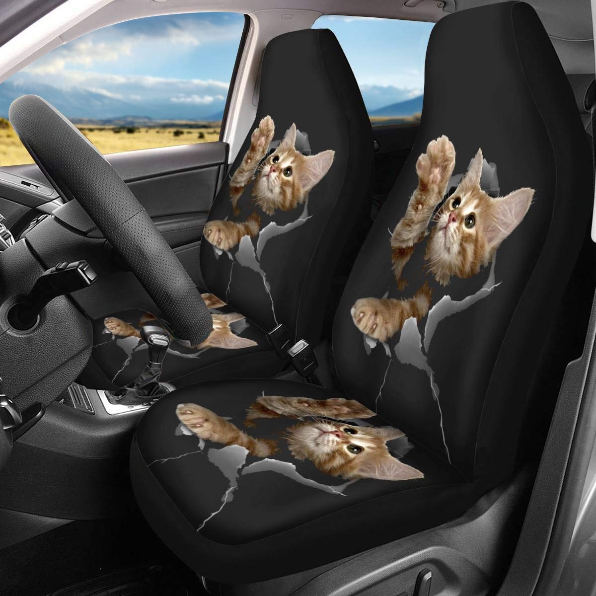 JEOCODY 3D Cat Kitten Front Car Seat Covers - 2-Piece Set, Universal Fit for Most Vehicles, Cars, Sedans, Trucks, SUVs & Vans - Waterproof Pet Seat Protector for Travel & Daily Commute