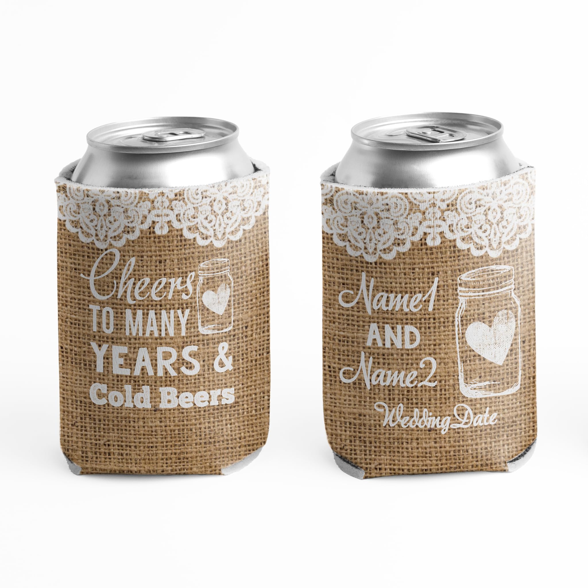 VictoryStore Custom Rustic Wedding Can Coolers - Cheers to Many Years & Cold Beers (Set of 50) - Perfect for Wedding Favors, Bridal Showers & Anniversary Parties