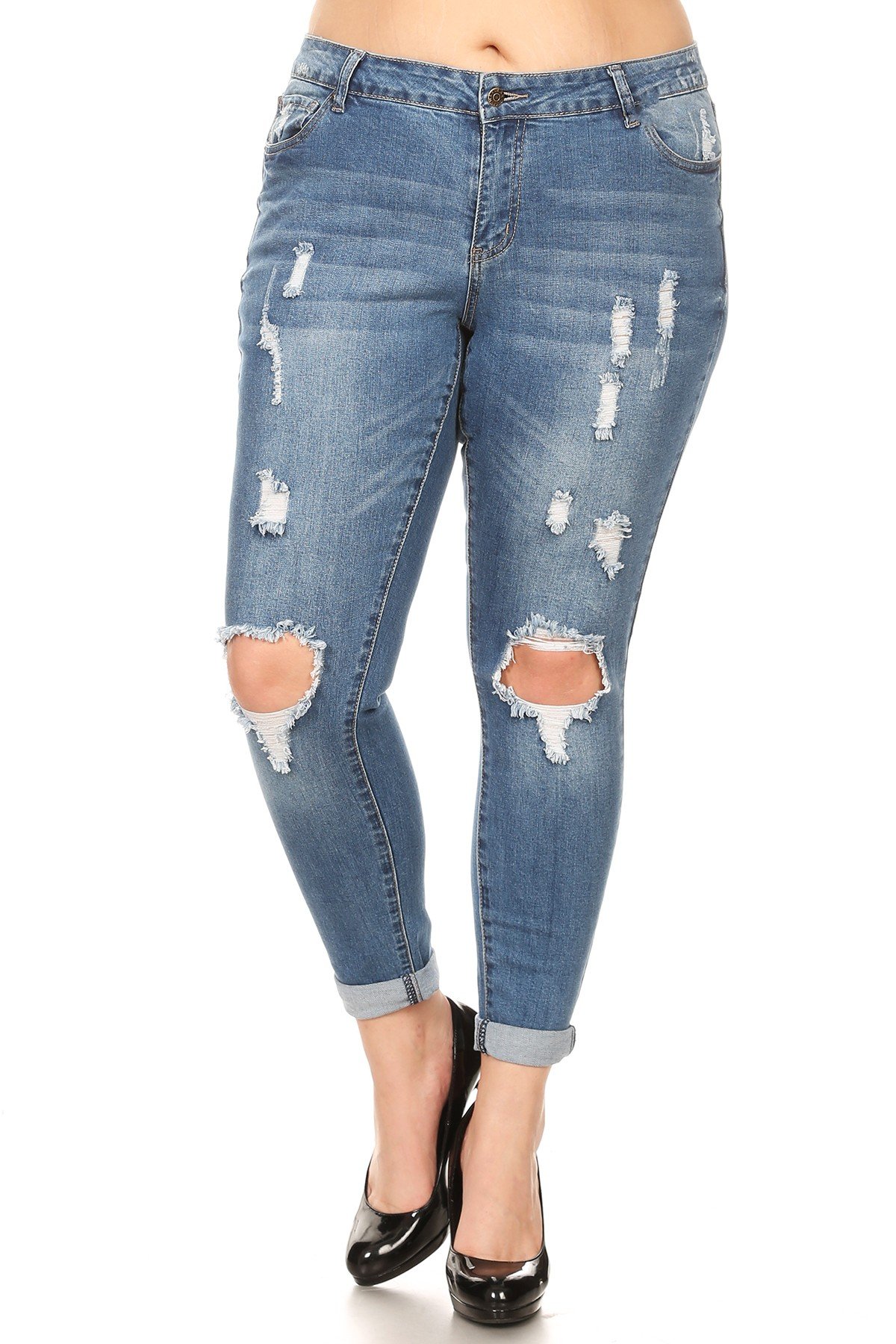 Plus Size Women's Low Rise Distressed Denim Skinny Jeans - Medium Wash (Size 20) | Stretch Comfort Fit for Curvy Figures | Perfect for Casual Outings, Date Nights & Street Style Fashion