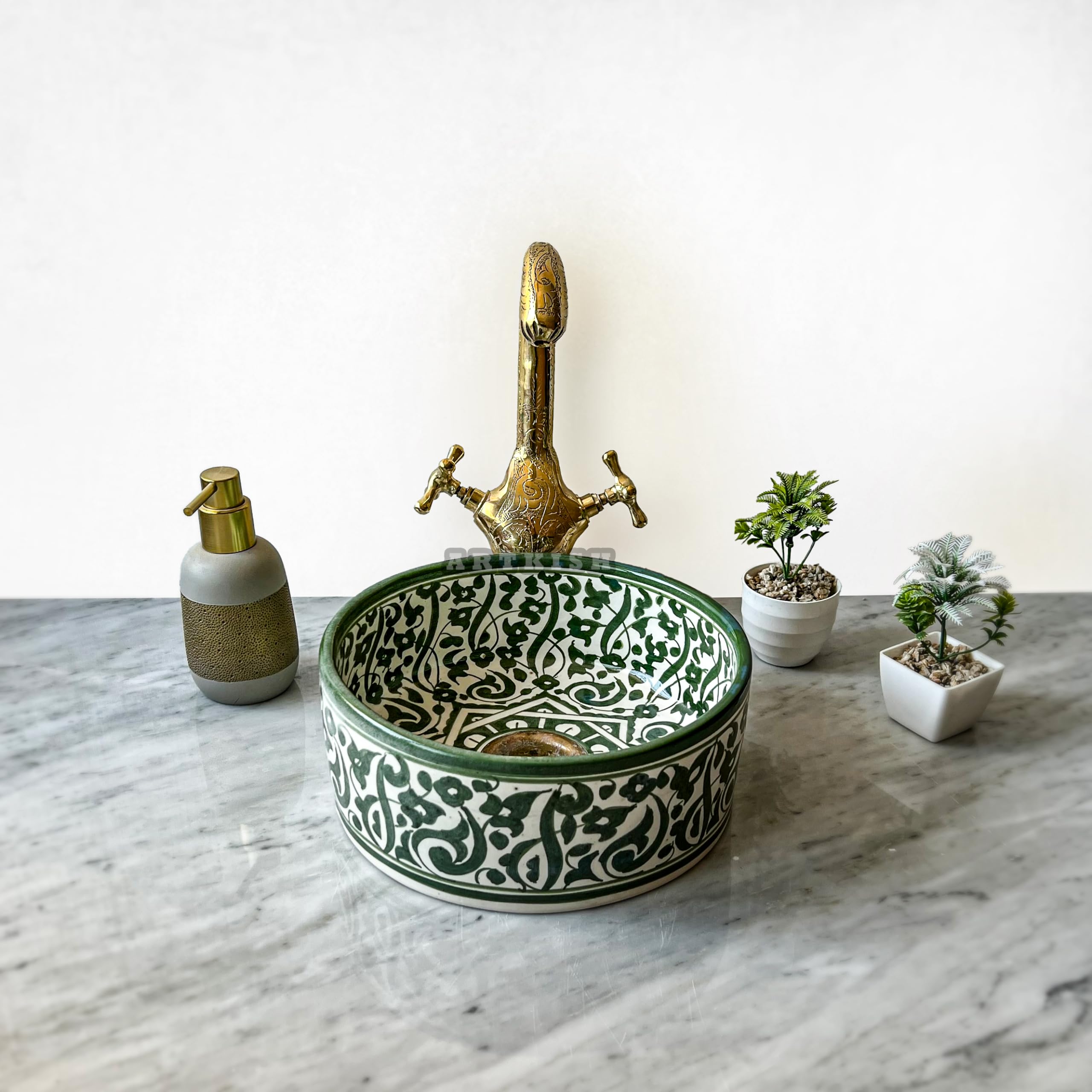 Handmade Ceramic Vessel Sink - 10 Inch Round Undermount Bathroom Sink with Moroccan Hand-Painted Design, Black Countertop Vanity Basin for Modern & Rustic Bathrooms, Salon Spa Washbasin