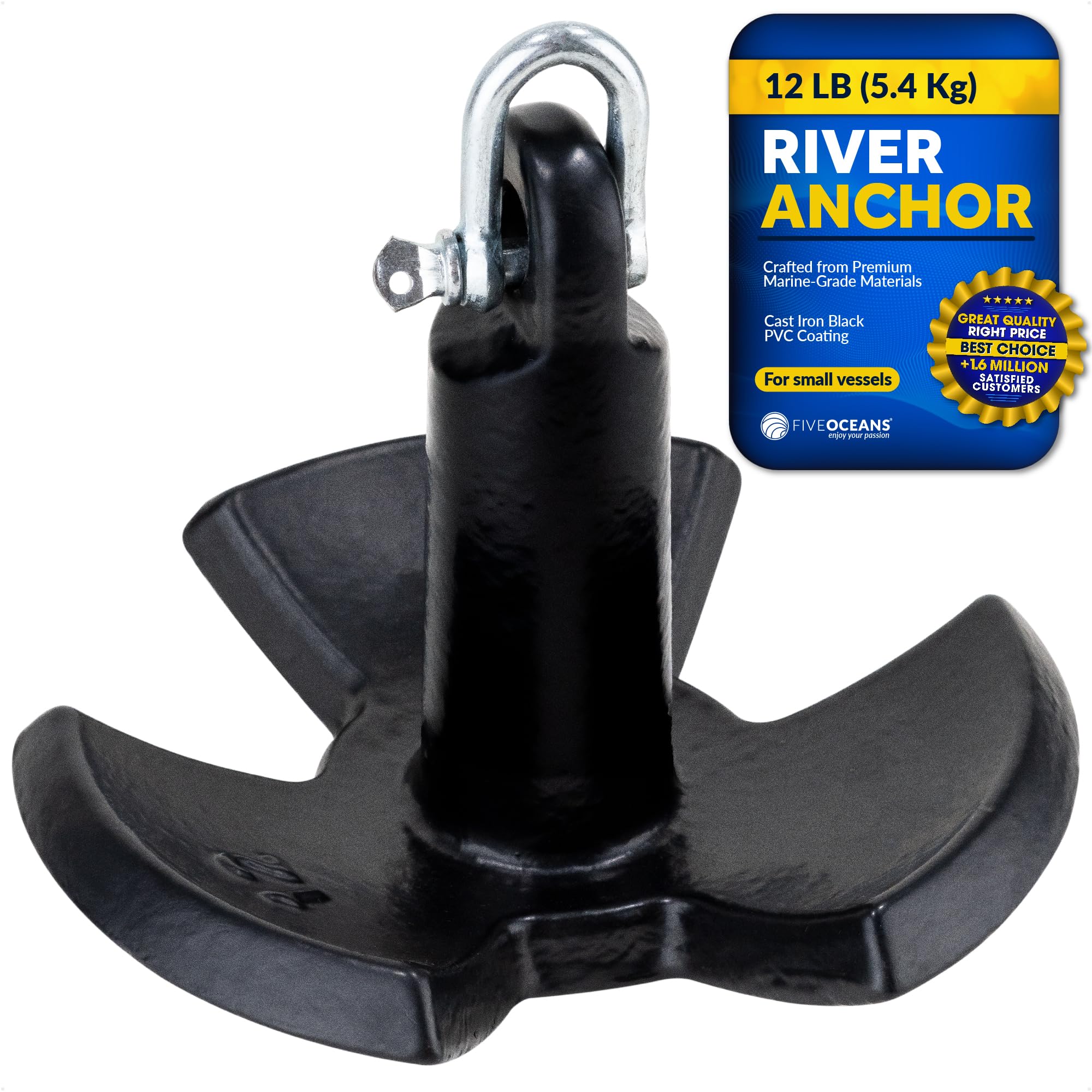 Five Oceans Heavy Duty River Anchor - Cast Iron PVC Vinyl Coated Boat Anchor for Pontoon & Bass Boats - Superior Holding Power in Rivers, Lakes & Muddy Bottoms - Perfect for Fishing, Boating & Water Sports