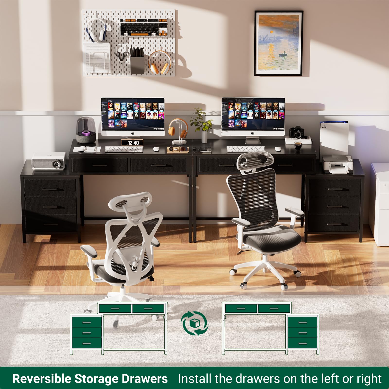 Reversible Computer Desk with 5 Drawers & Power Outlets - Sturdy Office Desk with USB Ports, File Cabinet & Printer Stand - Black Corner Writing Table for Home Office, Gaming Setup & Workstation Storage Solution