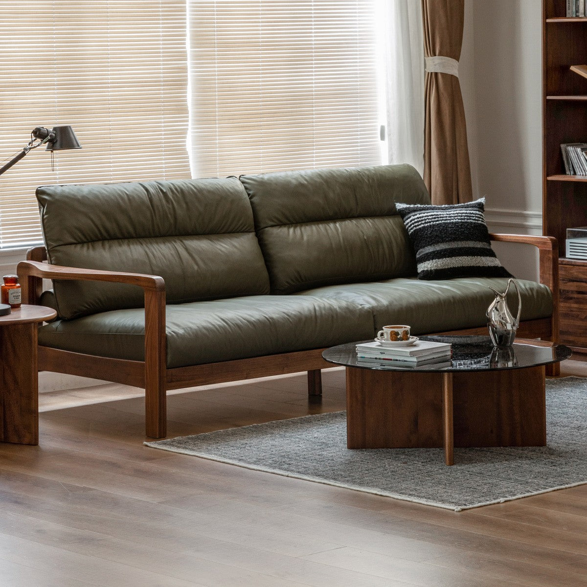 Premium Black Walnut Solid Wood Leather Sofa - Modern Luxury Living Room Furniture for Home & Office (Perfect for Lounging, Entertaining & Relaxing)
