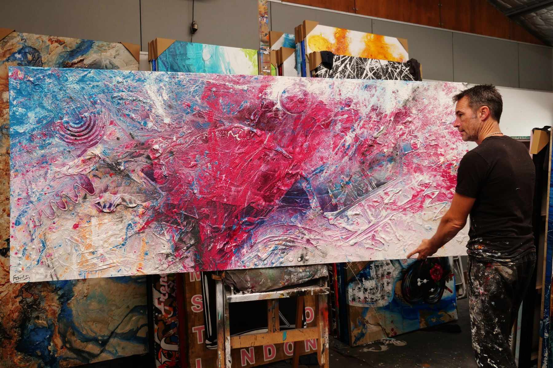 240cm x 100cm Pink Textured Abstract Canvas Painting - Modern Love Masquerade Wall Art for Living Room, Bedroom & Office Decor
