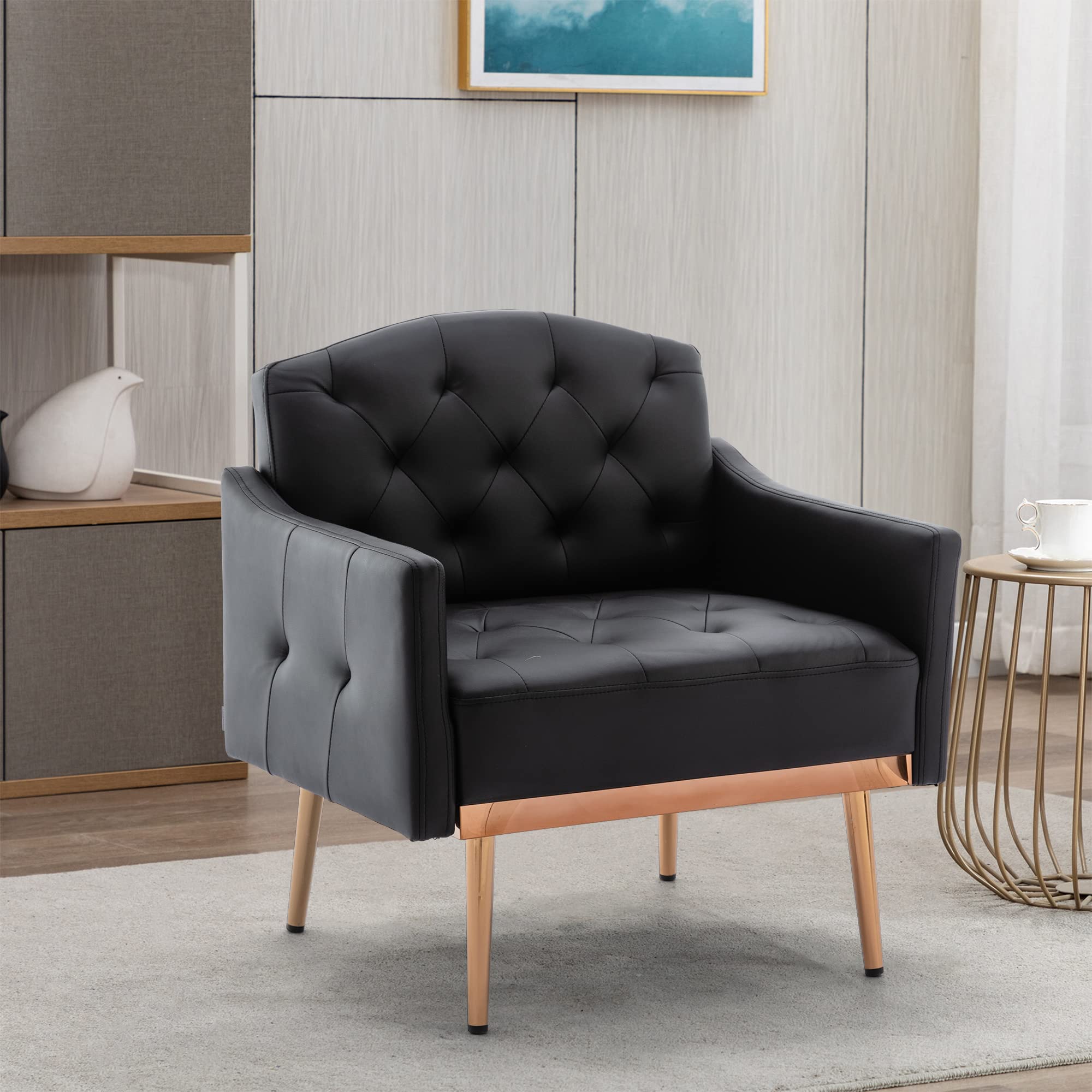 HomVent Faux Leather Armchair with Rose Gold Tapered Legs - Button Tufted Single Sofa Chair for Living Room, Club, Waiting Room - Perfect for Home Office, Reading Nook & Lounge Areas