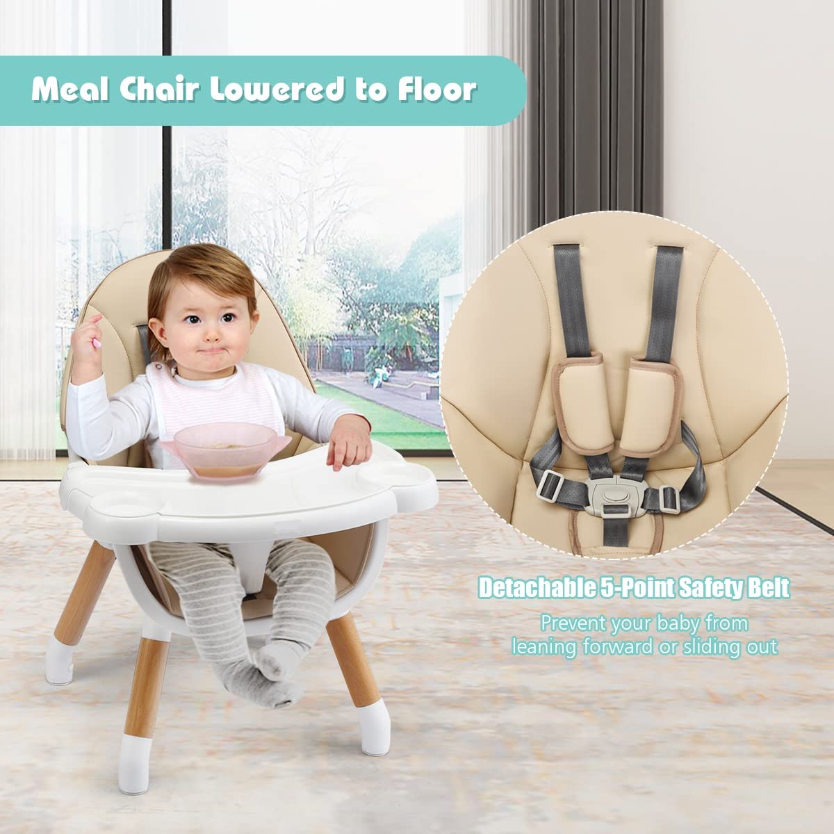 INFANS 5-in-1 Convertible Baby High Chair with 5-Point Safety Harness | Detachable Tray & Wipeable Cushion | Transforms to Toddler Table & Chair Set | Wooden Booster Seat for Infants & Kids (Khaki) | Perfect for Dining, Feeding & Playtime