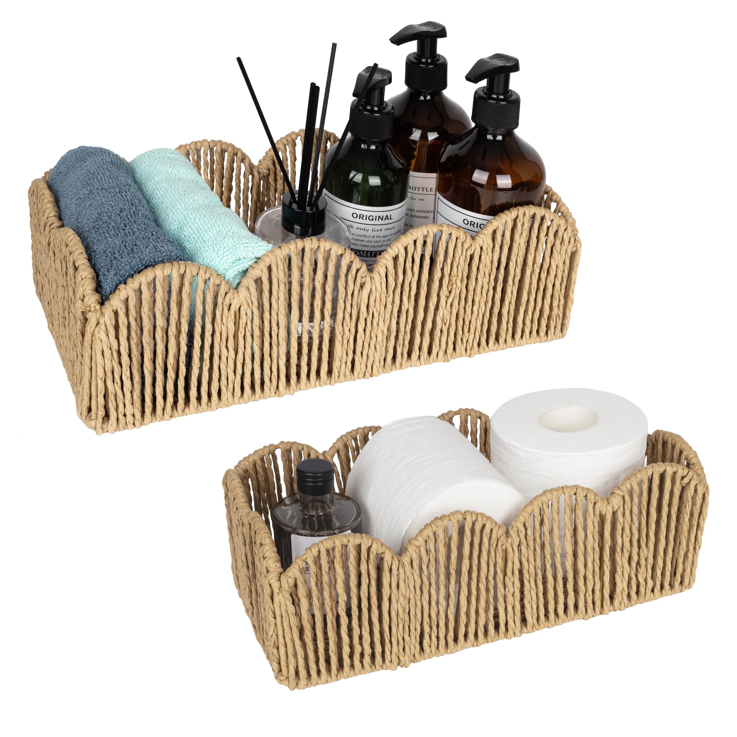 Handwoven Natural Fiber Farmhouse Storage Baskets Set of 2 - Boho Bathroom Organizer with Wavy Design for Toilet Paper & Countertop Decor | Perfect for Bathroom Storage, Living Room Organization & Farmhouse Style Home Decor