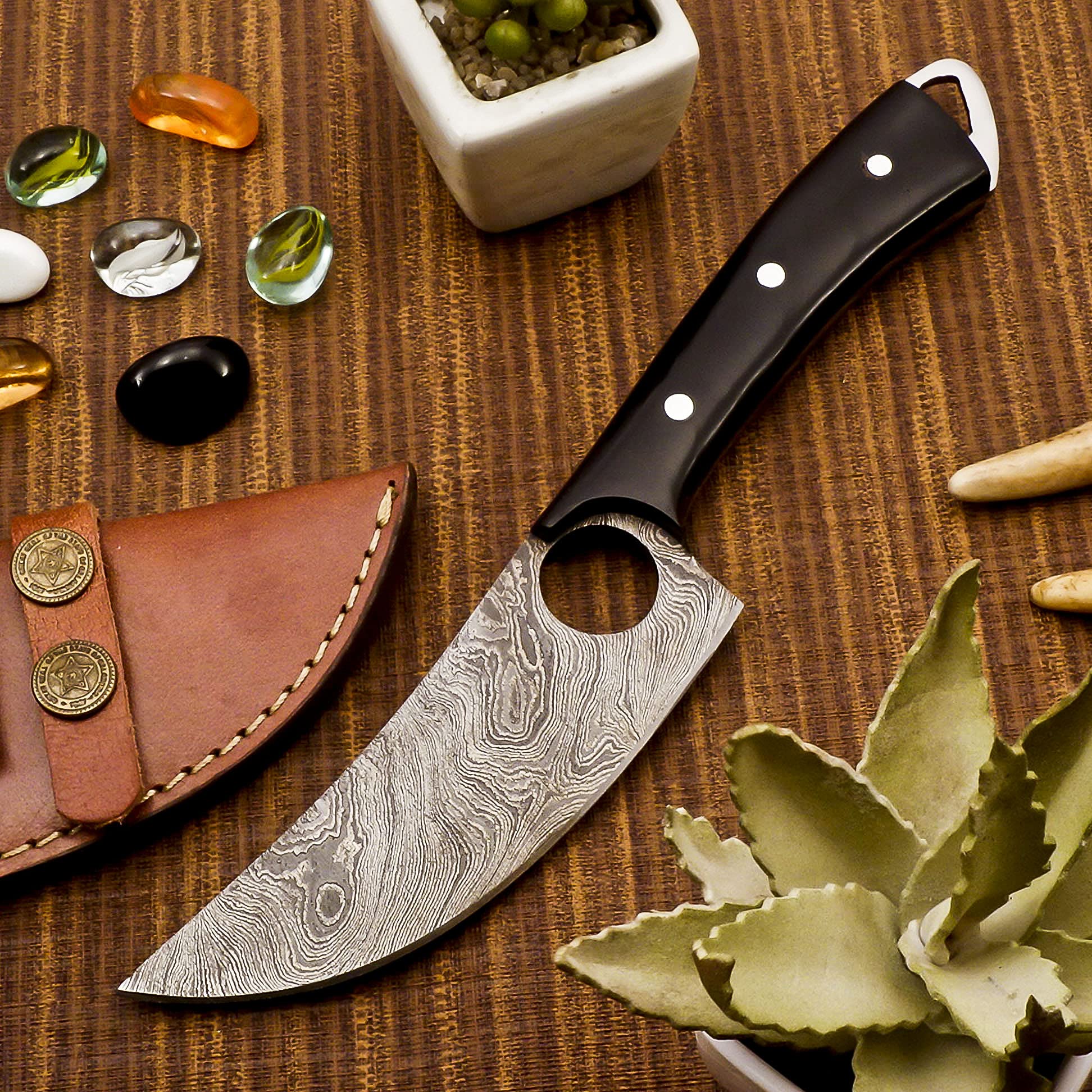 **Hand-Forged Damascus Steel Meat Cleaver & Boning Knife with Sheath - Professional Butcher Knife for Kitchen, BBQ, Camping - High-Quality Chef & Fillet Knife for Meat, Fish & Vegetables (Black)**    *Perfect for home chefs, outdoor cooking, and professional butchers.*