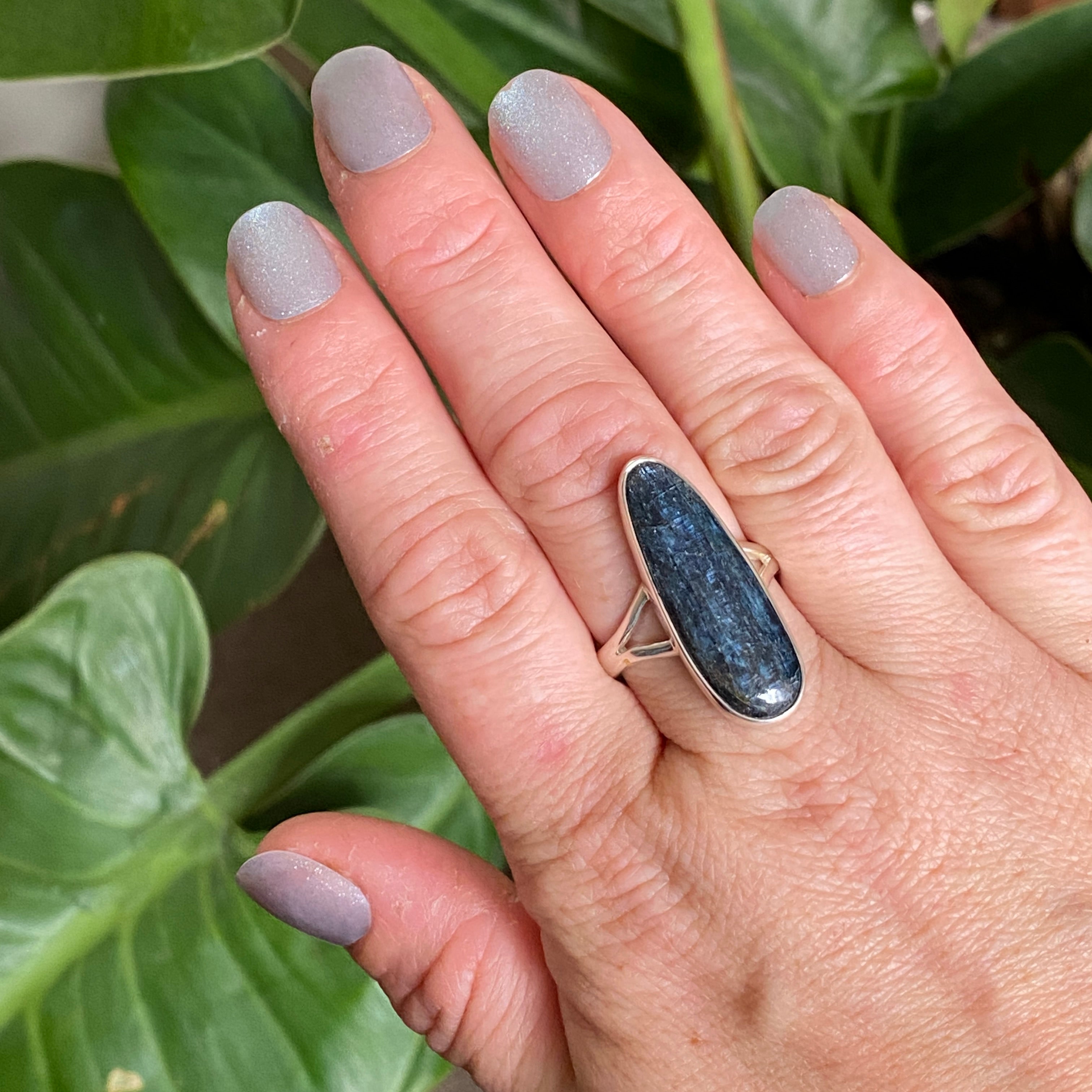 Blue Kyanite Teardrop Cabochon Split Band Ring - Size 9.5 - KRGJ3282 - Perfect for Boho Jewelry & Spiritual Healing Gifts