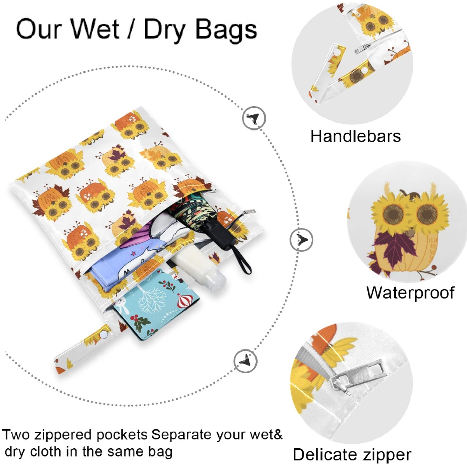 Visesunny Owl with Sunflower Eyeglasses Animal Print 2-Piece Wet Dry Bag Set - Waterproof Zippered Pockets, Washable & Reusable for Travel, Beach, Pool, Gym - Perfect for Diapers, Swimsuits, Toiletries & Dirty Clothes (Daycare, Stroller & Sports Use)