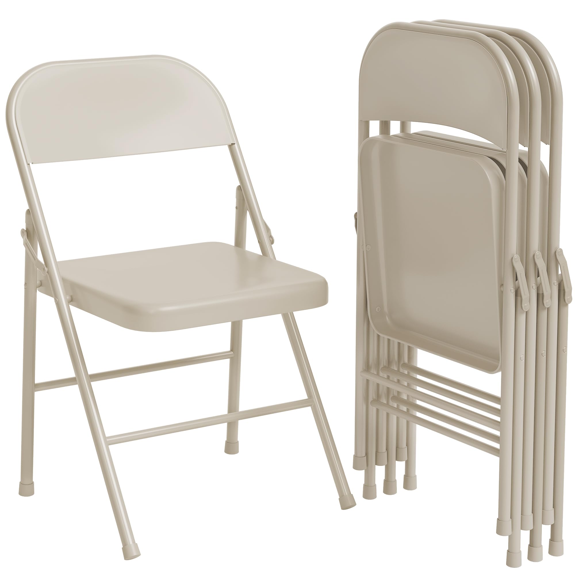 IDEALHOUSE 4-Pack Folding Chairs - Heavy Duty 350lbs Capacity Metal Frame Foldable Chairs, Portable Beige Stackable Chairs for Indoor Outdoor Use - Perfect for Dining Room, Living Room, Office, Camping, Picnics & Parties
