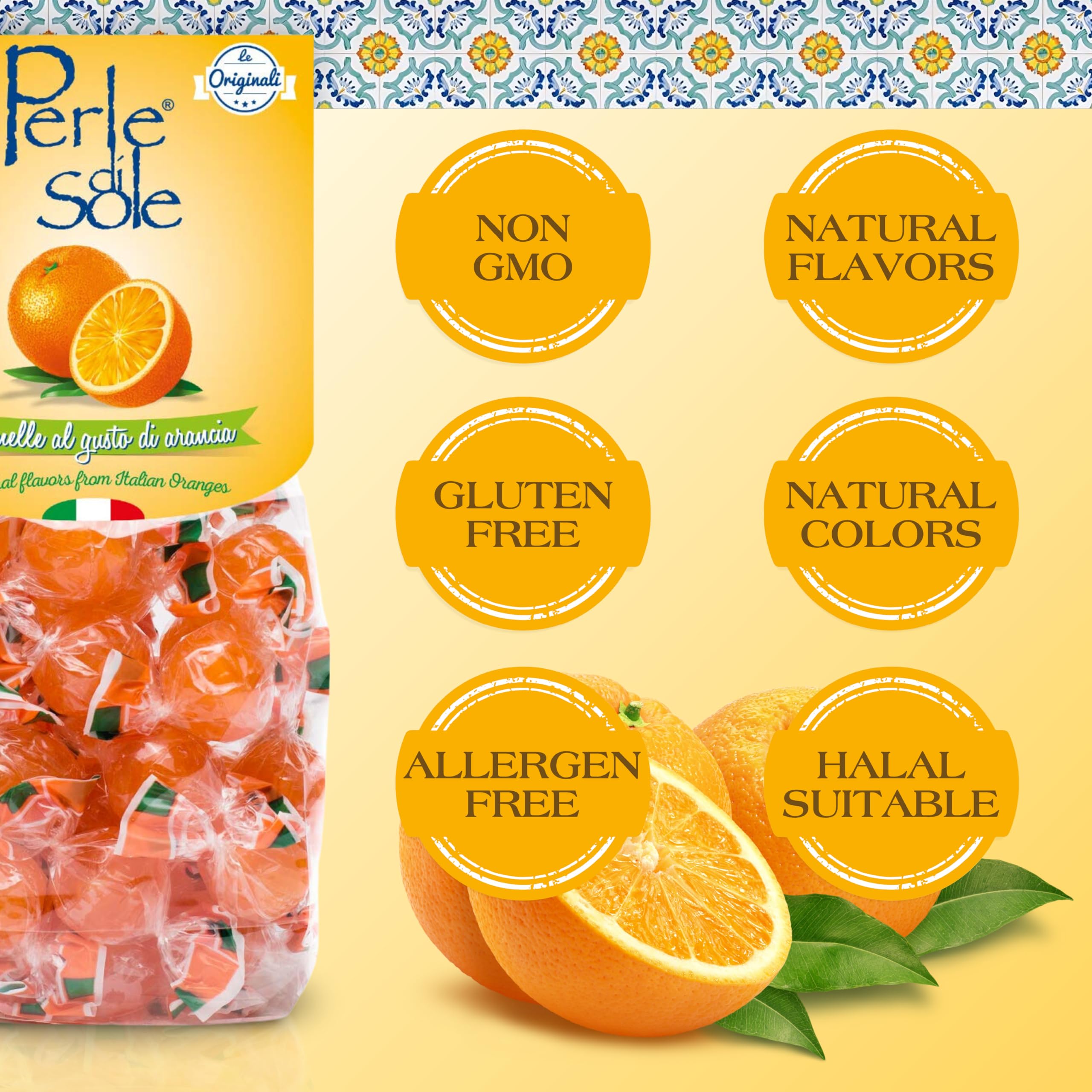 Perle di Sole Italian Orange Hard Candy - Individually Wrapped Fizzy Orange Drops - Made in Italy - 2 Pack (7.05 oz | 200 g) - Perfect for Parties, Gifts & Office Snacks