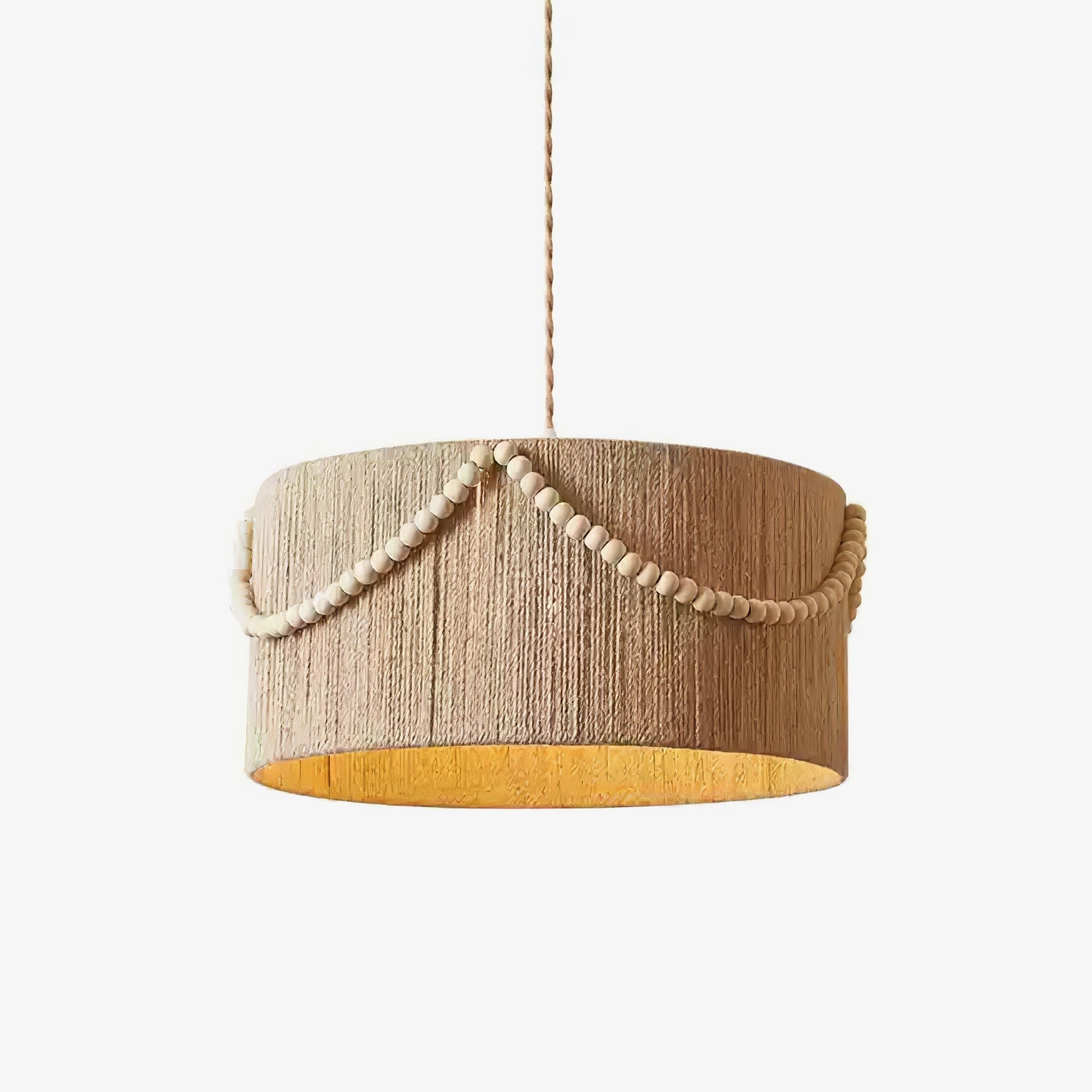 Beaded Boho Pendant Lamp - Handmade Macrame Ceiling Light with Wooden Beads, Natural Jute Cord for Living Room, Bedroom, or Patio Decor