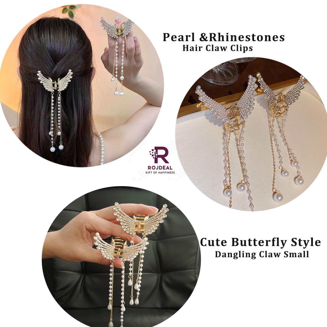 Sparkling Rhinestone Pearl Hair Claw Clips for Women - Crystal Metal Butterfly Tassel Hair Clamps (1 Piece) - Elegant Hair Styling Accessories for Parties, Weddings & Everyday Wear