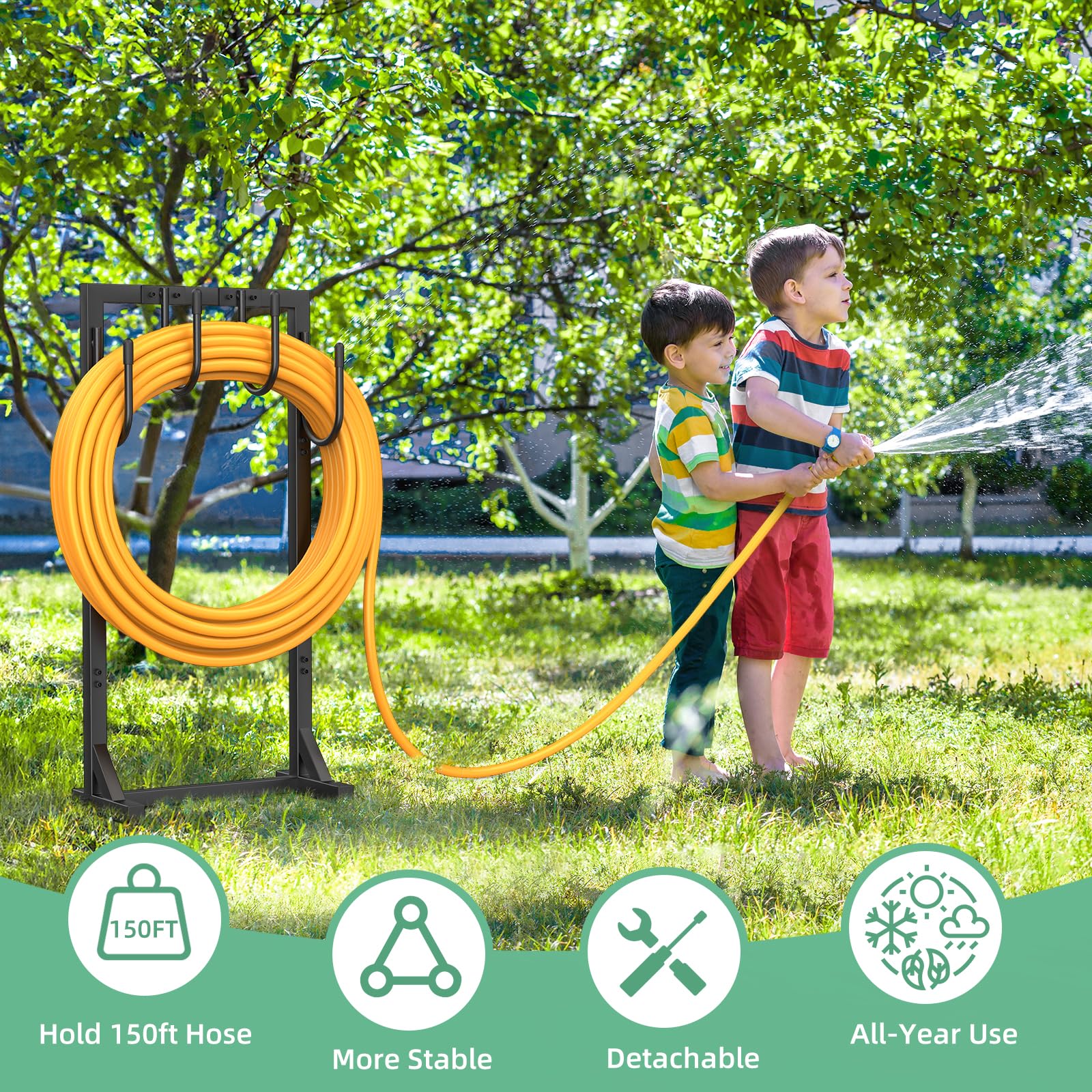 Upgraded Heavy Duty Metal Garden Hose Reel Holder - Freestanding 150ft Hose Storage with 4 Large Hooks, Detachable Outdoor Water Hose Organizer - Perfect for Yard, Lawn, Garden Watering and Outdoor Storage