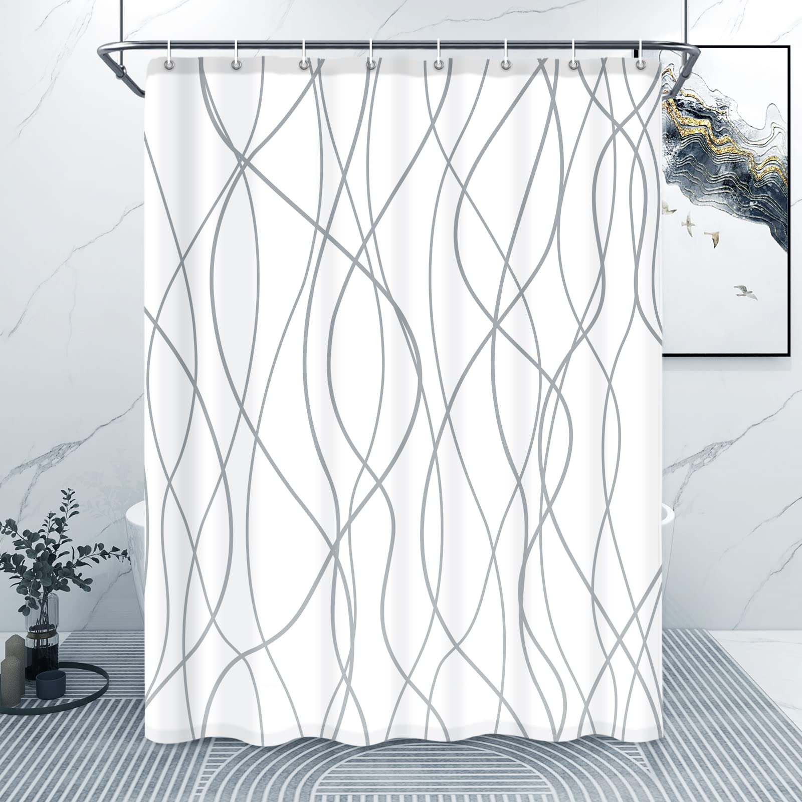 Grey and White Striped Waterproof Shower Curtain with 12 Hooks - 54x72 Inch Bathroom Decor, Weighted Hem for Hotel Style Bath Accessories - Perfect for Modern Bathrooms, Guest Rooms & Spa Retreats