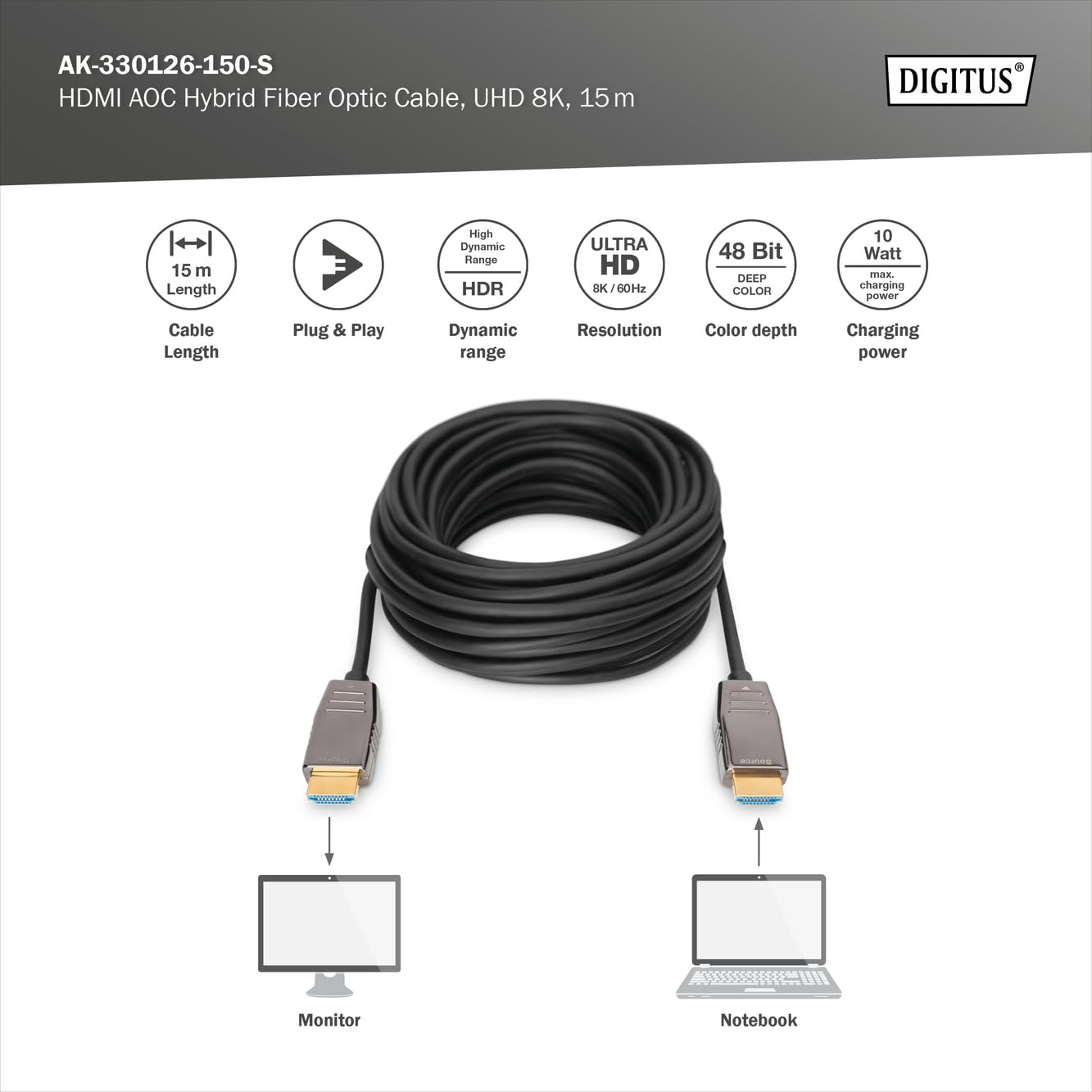 Digitus HDMI AOC Hybrid Fiber Optic Cable 15m - 8K@60Hz 4K@120Hz HDMI 2.1 Certified - Ultra HD HDR eARC HDCP 2.2 - Ethernet Channel - Gold Plated Connectors - Compatible with Smart TV, Projector, Gaming Monitor, Home Theater - Perfect for 8K Gaming, 4K Streaming & Professional AV Setups