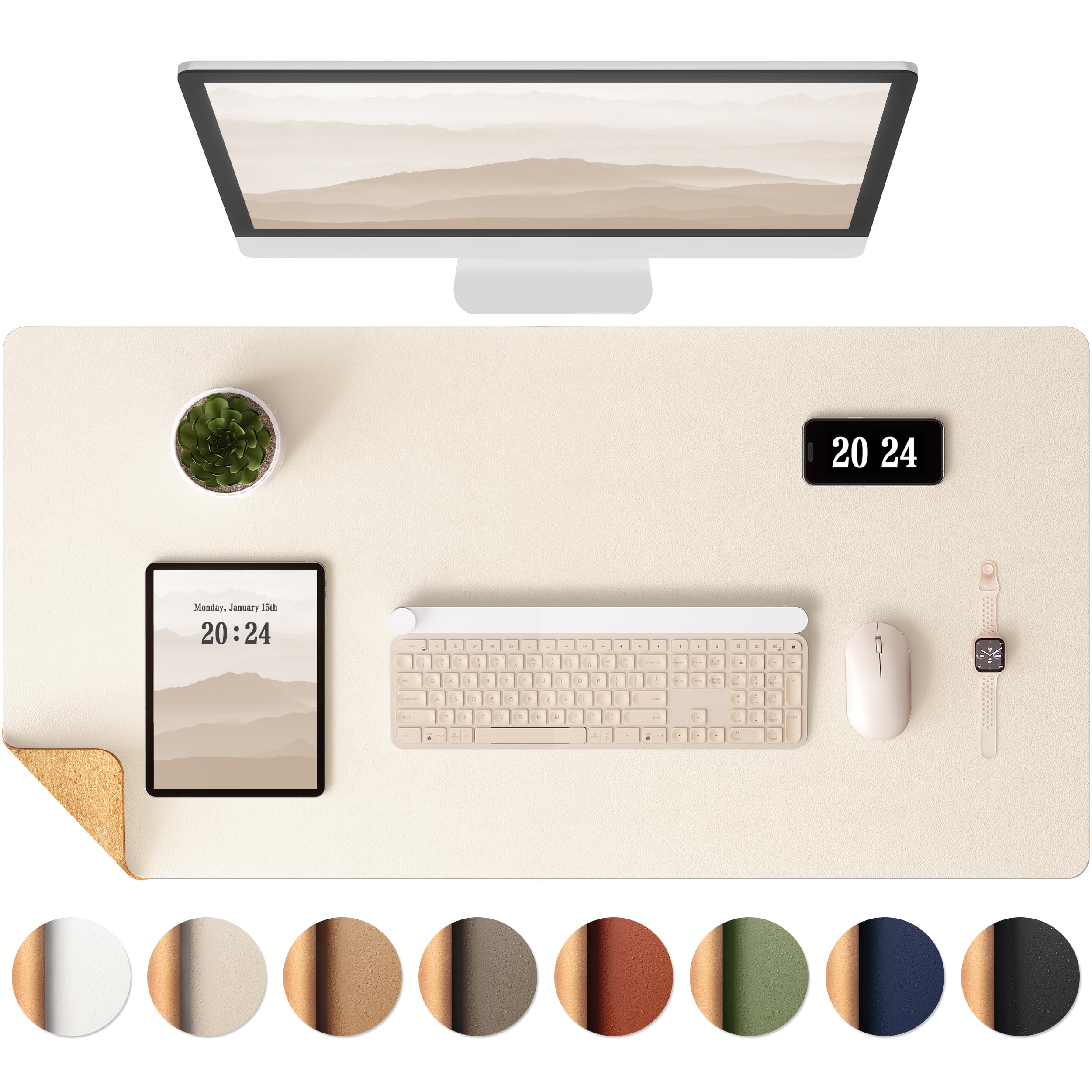 Aothia Dual-Sided Cork & Leather Desk Mat - Large Waterproof Mouse Pad & Writing Surface for Office & Home, Beige (25.6