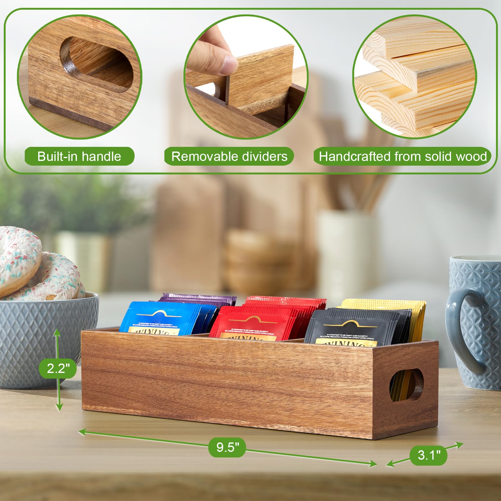 Acacia Tea Bag Holder - 3-Slot Wooden Organizer for Countertop Storage