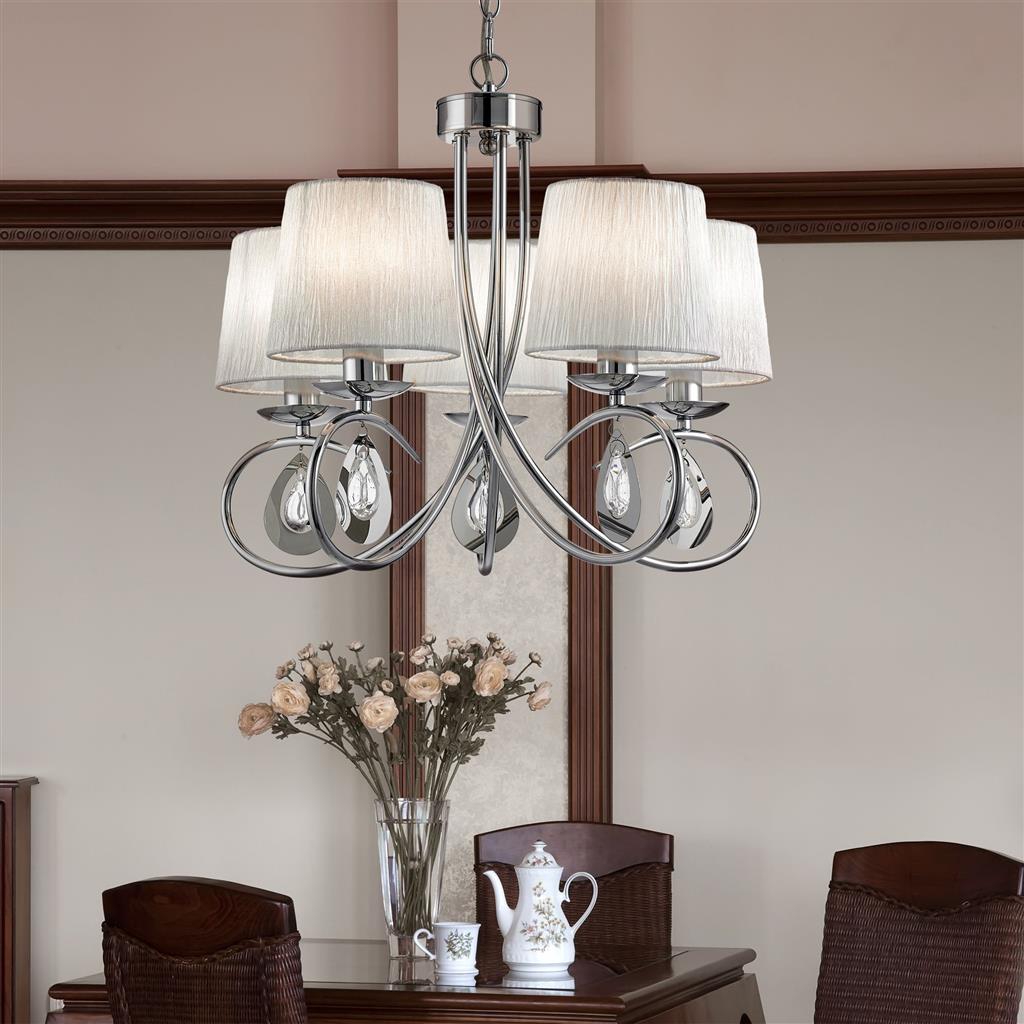 Angelique 5Lt Multi-Arm Pendant Light Fixture - Chrome Finish with Clear Glass Shades & White Fabric - Perfect for Dining Room, Living Room, and Bedroom Lighting