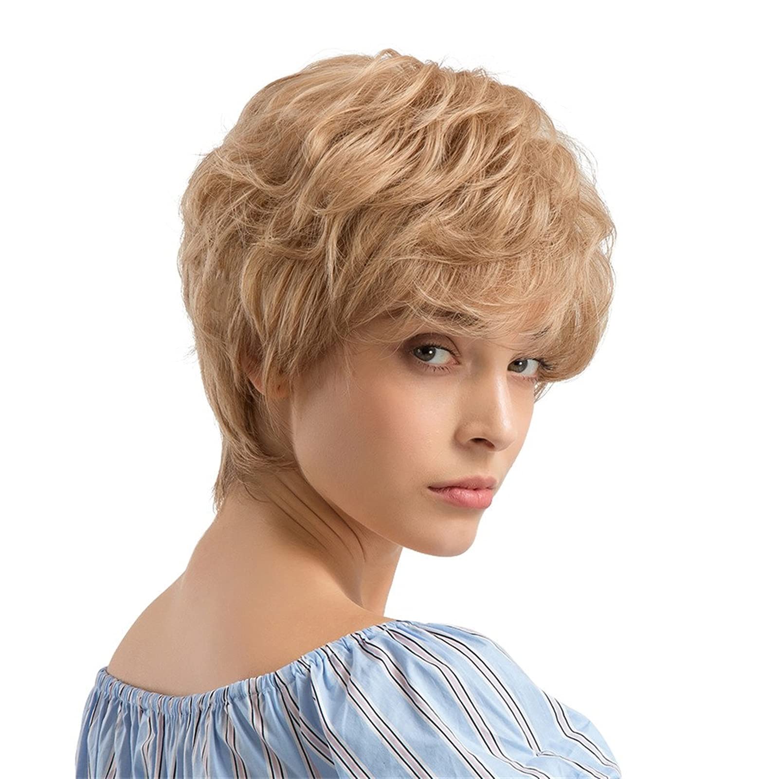 XZGDEN Short Layered Human Hair Wig - Silky Natural Blonde Cosplay Wig with Bangs for Women | Perfect for Halloween, Costume Parties, and Daily Fashion Styling
