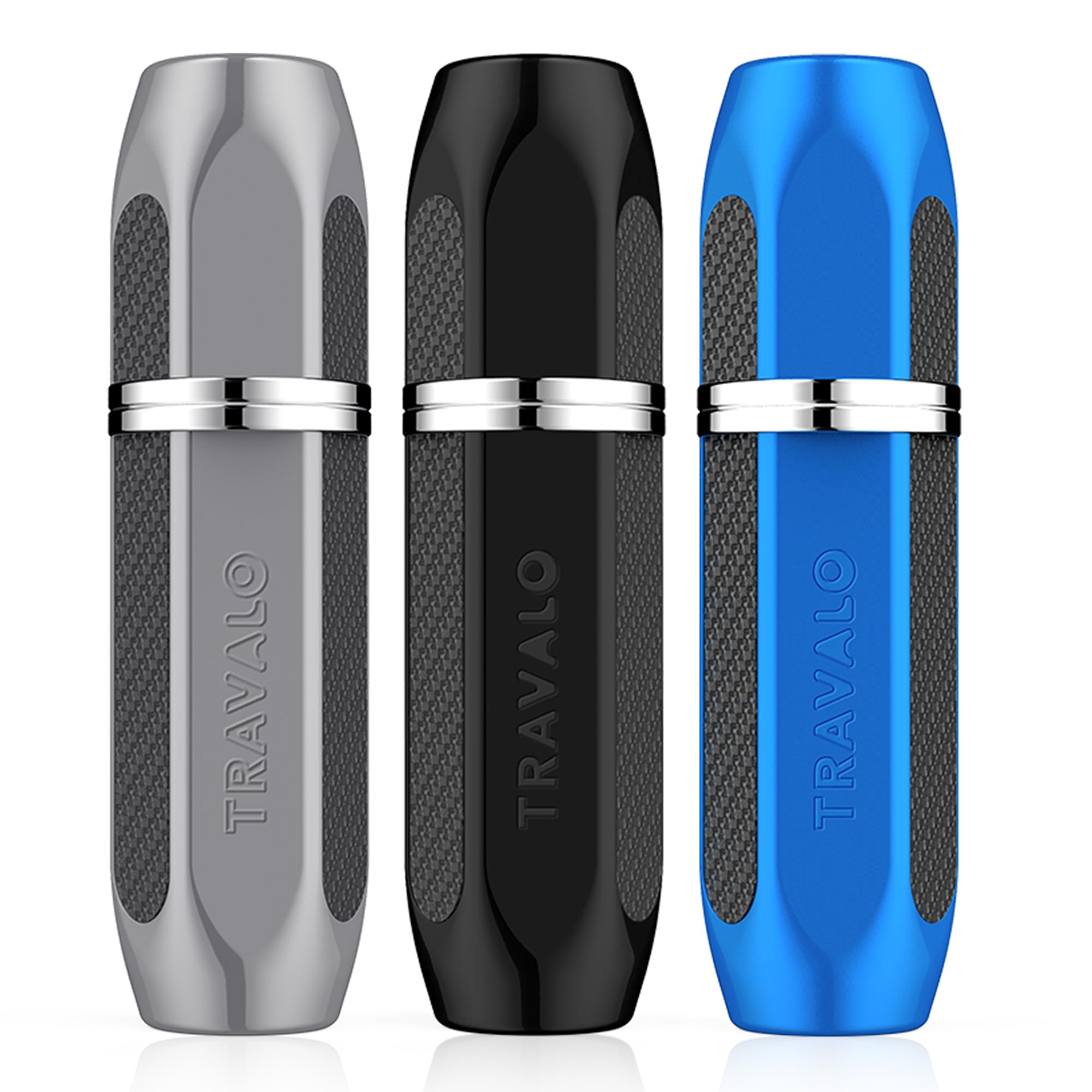 TSA Approved Travalo Vector Perfume Atomizer Bundle - Refillable Mini Sprayer for Cologne & Aftershave | Lightweight Metal Case in Silver, Blue, Black (3 Pack, 0.17oz) - Perfect for Travel, Gym & On-The-Go Fragrance Touch-Ups