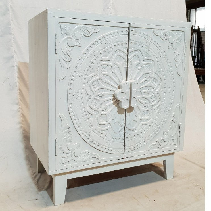 French Hand Carved Buffet Cabinet Sideboard - White Distressed Finish, 81x46x92cm - Vintage Dining Room Storage & Kitchen Buffet for Entertaining