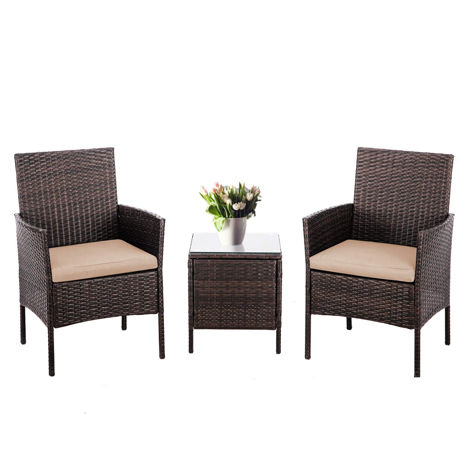 SUNCROWN 3-Piece Patio Bistro Set - All-Weather Wicker Outdoor Furniture with Glass Side Table & Brown Cushions - Perfect for Garden, Balcony, and Backyard Relaxation