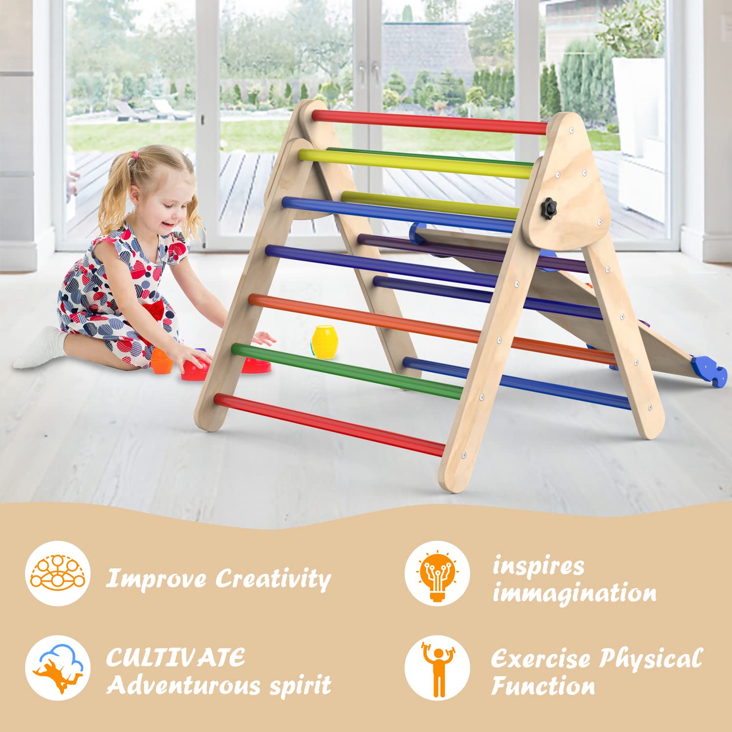 Foldable Wooden Climbing Triangle Ladder with Slide Ramp - 3-Piece Montessori Play Gym Set for Toddlers | Indoor & Outdoor Climbing Toys for Kids | Perfect for Backyards, Playrooms & Daycare Centers