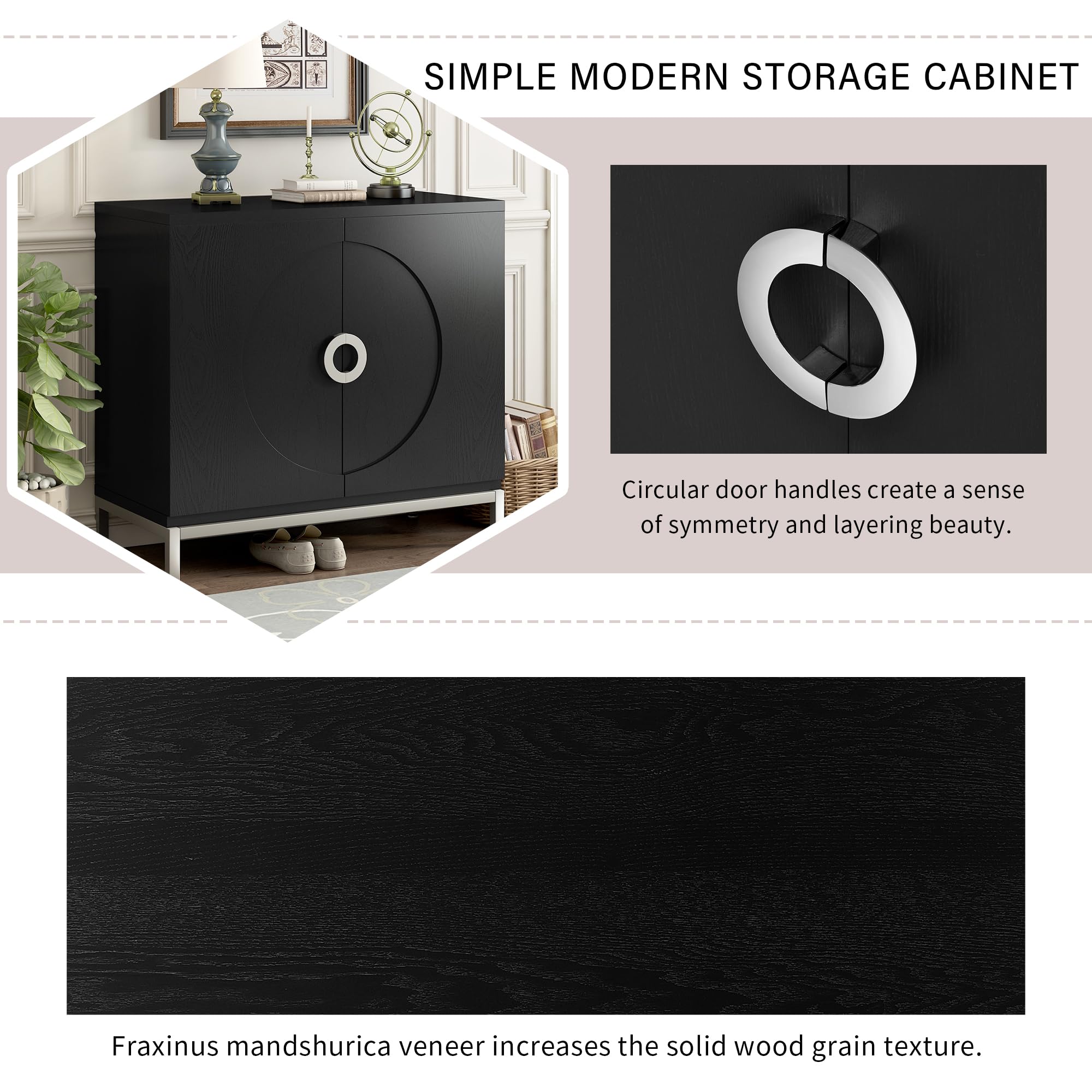 Modern Storage Cabinet & Console Table - Solid Wood Veneer with Metal Leg Frame, Entryway Sideboard for Living Room, Bedroom, Hallway - Black Minimalist Design (Perfect for Small Spaces & Home Organization)