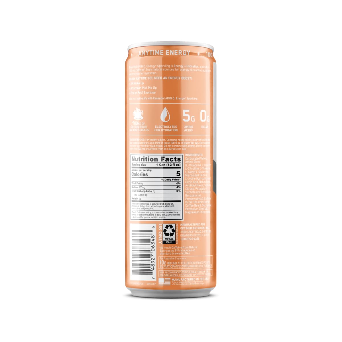 Optimum Nutrition Amino Energy Sparkling Hydration Drink - Sugar Free Peach Bellini with Electrolytes, Caffeine & BCAAs - 12 Fl Oz (12 Pack) - Perfect for Workouts, Recovery & Active Lifestyle | Packaging May Vary