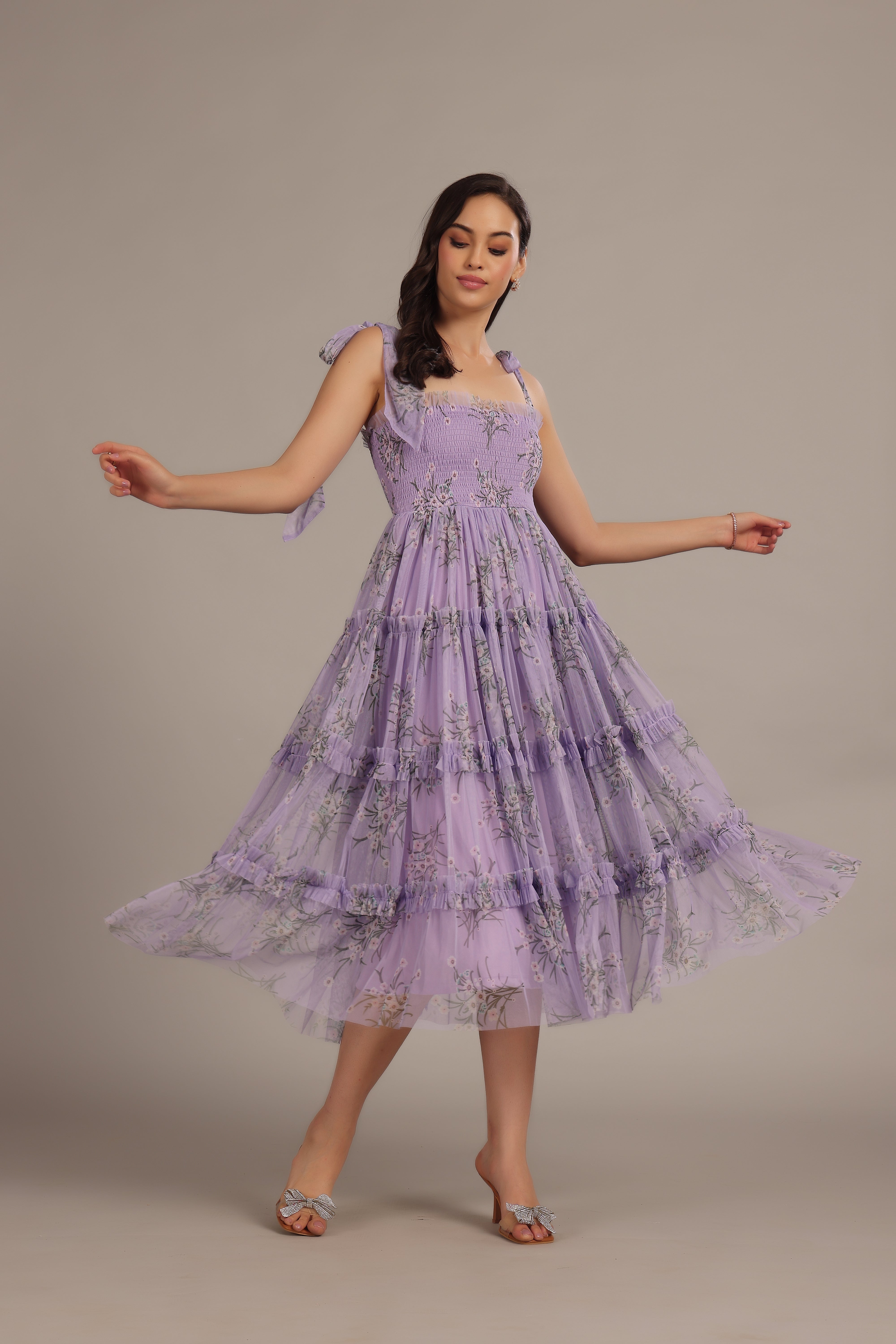 Louise Midi Dress in Lilac Floral Print - Elegant Flowy Summer Dress for Women | Perfect for Weddings, Parties & Date Nights