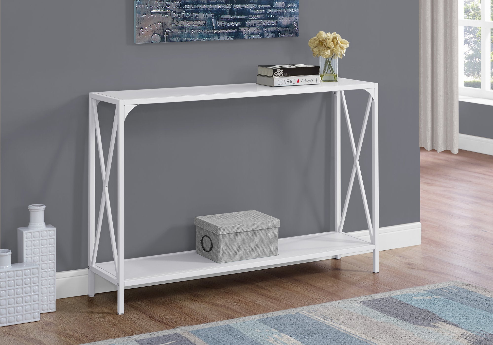 48L White Metal Hall Console Table - Modern Accent Table for Entryway, Living Room & Bedroom - Stylish & Functional Home Decor