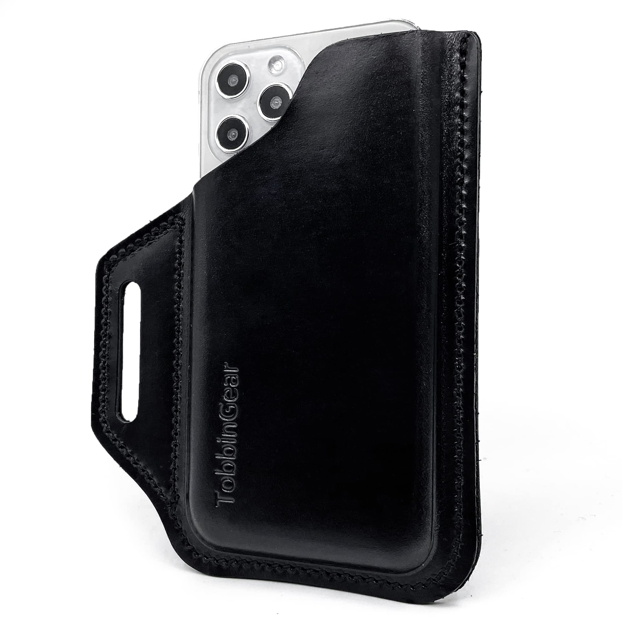 TobbinGear Genuine Leather Belt Phone Pouch - Universal Leather Cell Phone Holster with Belt Loops for iPhone, Samsung & Smartphones - Large Black Phone Case for Men & Women - Perfect for Work, Travel & Outdoor Activities