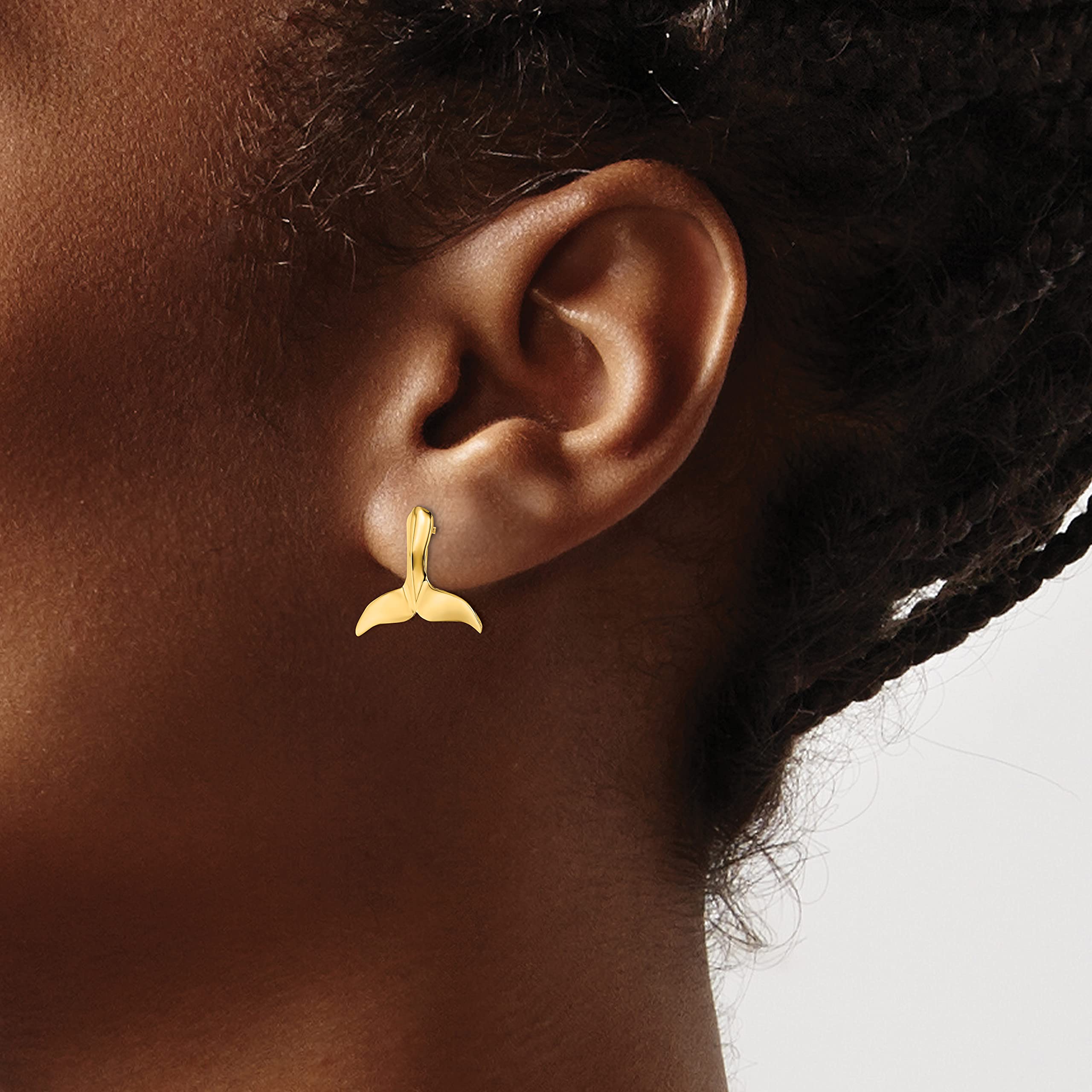 14K Solid Yellow Gold Whale Tail Fish Mermaid Stud Earrings - Dainty Ocean Jewelry for Women - Perfect for Beach Vacations, Gift Giving & Everyday Wear