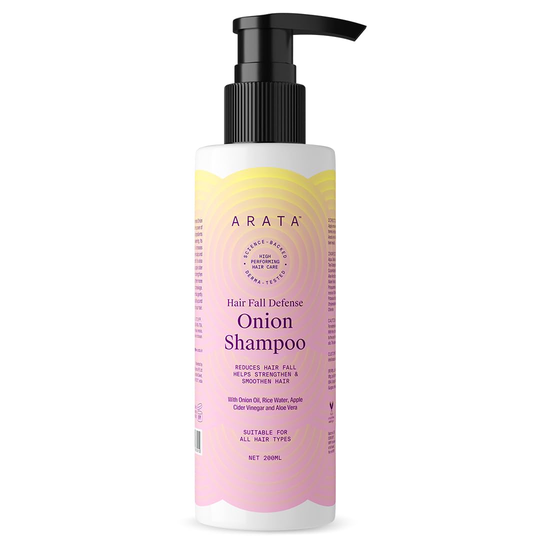 Arata Hair Fall Defense Onion Shampoo 200ml - Anti Hair Loss Shampoo with Onion Oil, Rice Water & Aloe Vera - Strengthens & Smoothens Hair - Ideal for Daily Use & Damaged Hair Care