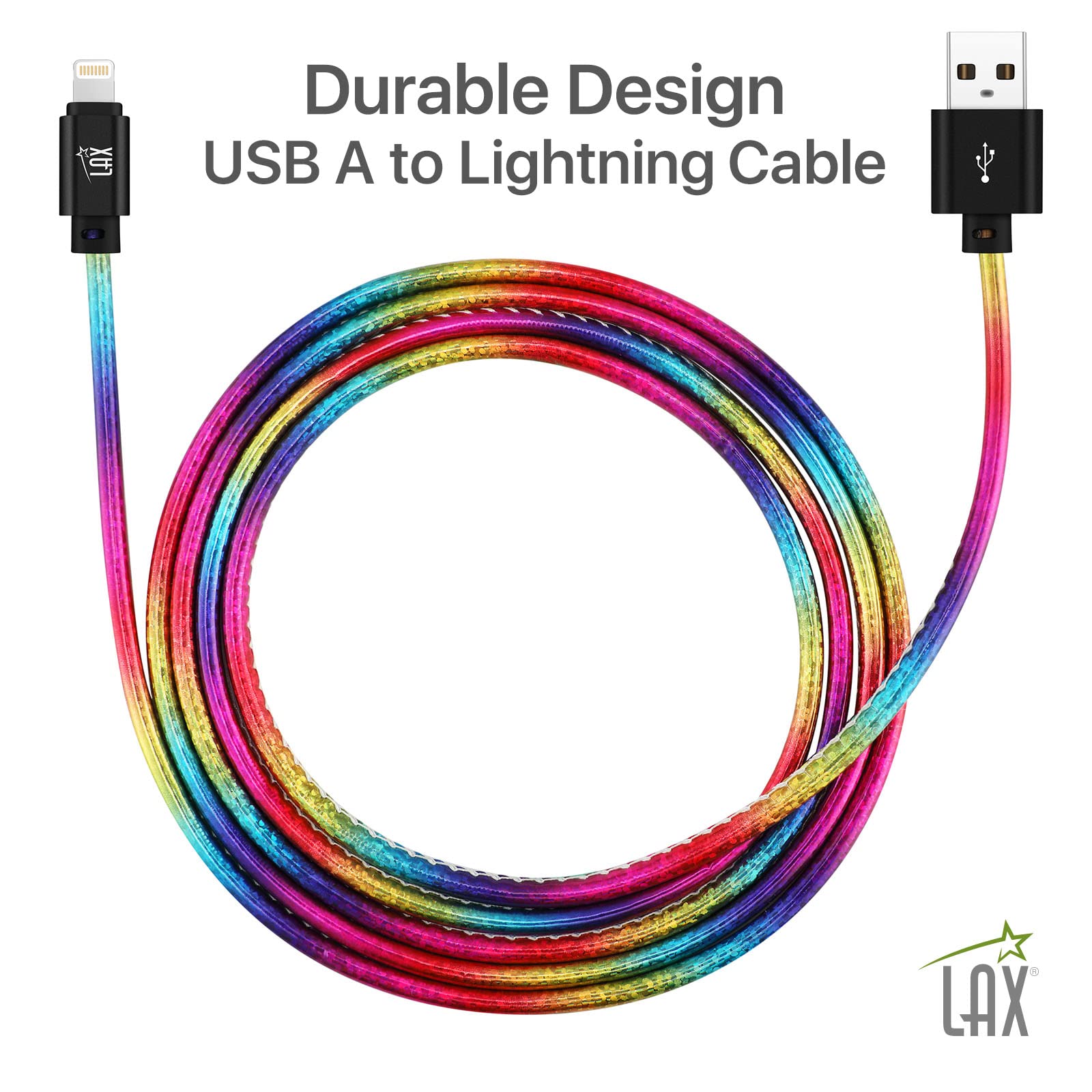 LAX Gadgets USB A to Lightning Cable - Apple MFI Certified Fast Charging Cable for iPhone, iPad, iPod - 6ft Glitter Rainbow Premium Stitched Design - Perfect for Home, Office & Travel Charging
