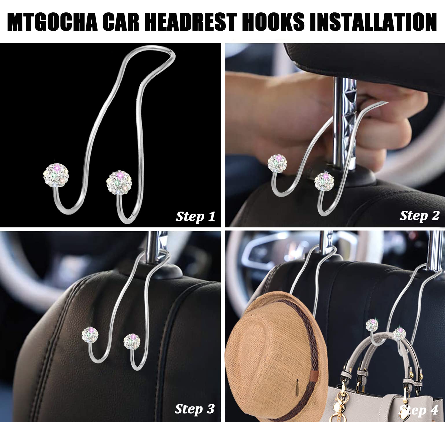 MTGOCHA Upgraded Bling Car Purse Hook Hanger - 2 Pack Silver Car Seat Headrest Hook for Women, Perfect for Handbags, Totes & Shopping Bags - Ideal for Road Trips, Commuting & Errands