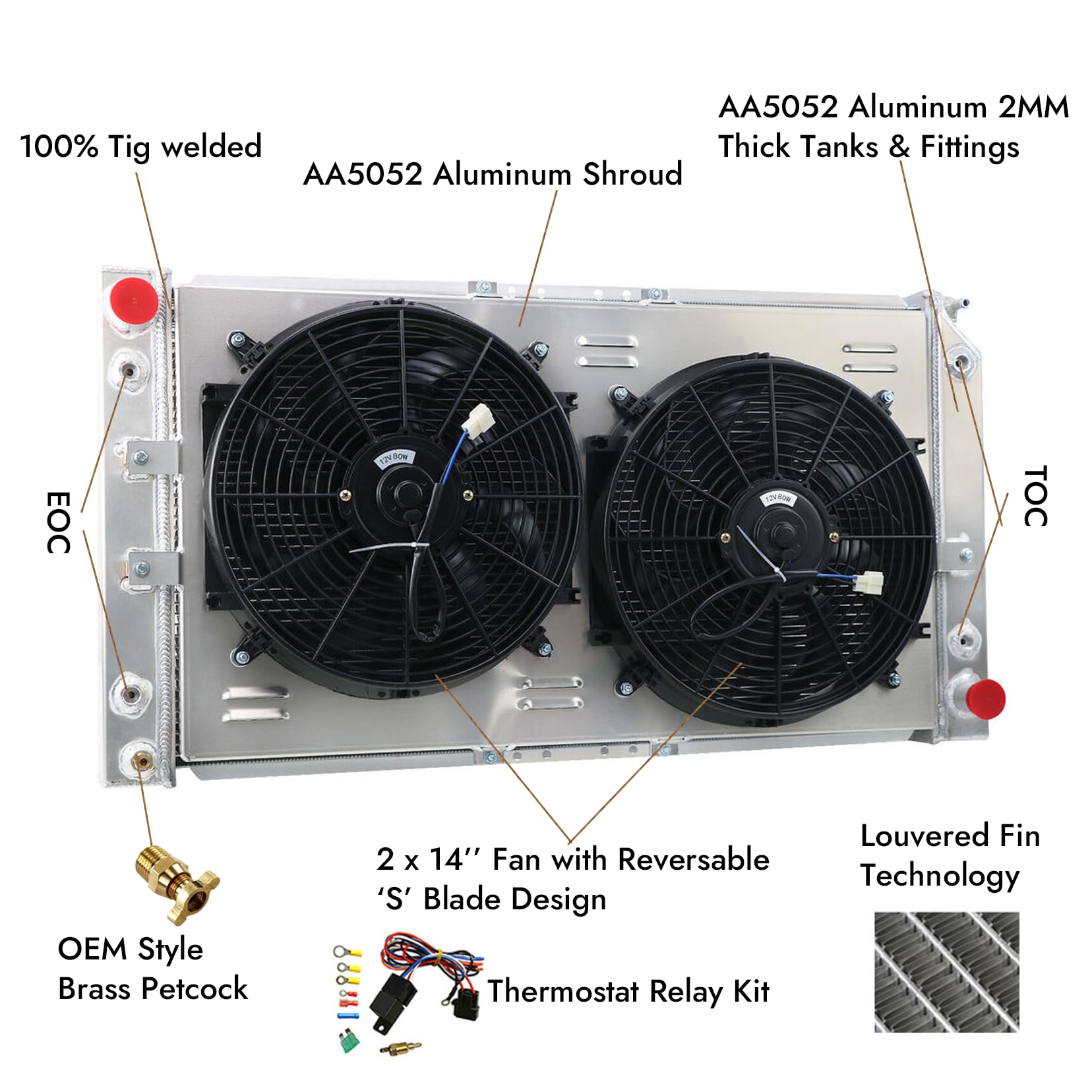 High-Performance Aluminum Radiator for 1994-1996 Chevy Impala, Caprice, Cadillac Fleetwood & Buick Roadmaster 5.7L V8 - 3 Row Core with Electric Fan Shroud & Thermostat Kit - Perfect for Engine Cooling & Performance Upgrades