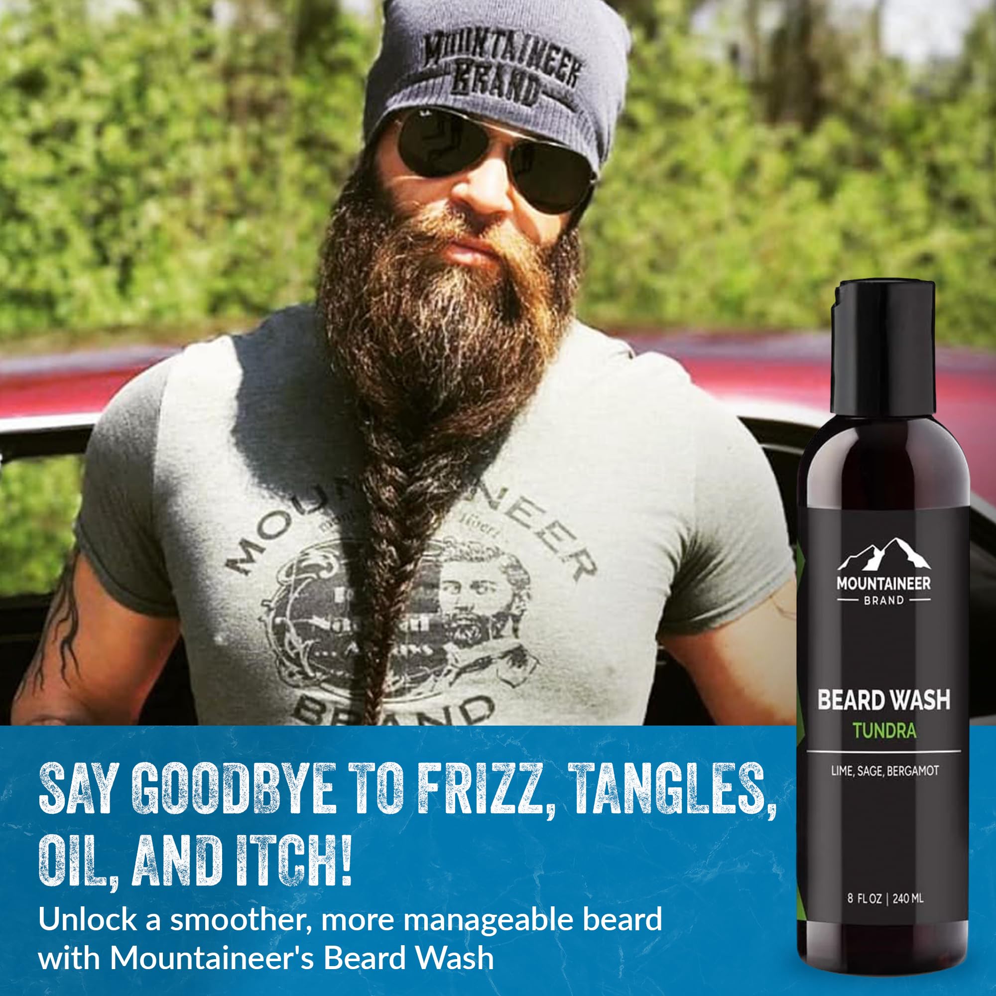 Mountaineer Brand Basic Beard Bundle - Beard Wash & Conditioner Set for Men | Deep Cleansing Beard Shampoo & Hydrating Conditioner | Softens & Nourishes Facial Hair | Lime & Sage Scented (2 x 8oz) | Perfect for Daily Grooming & Beard Care Routine