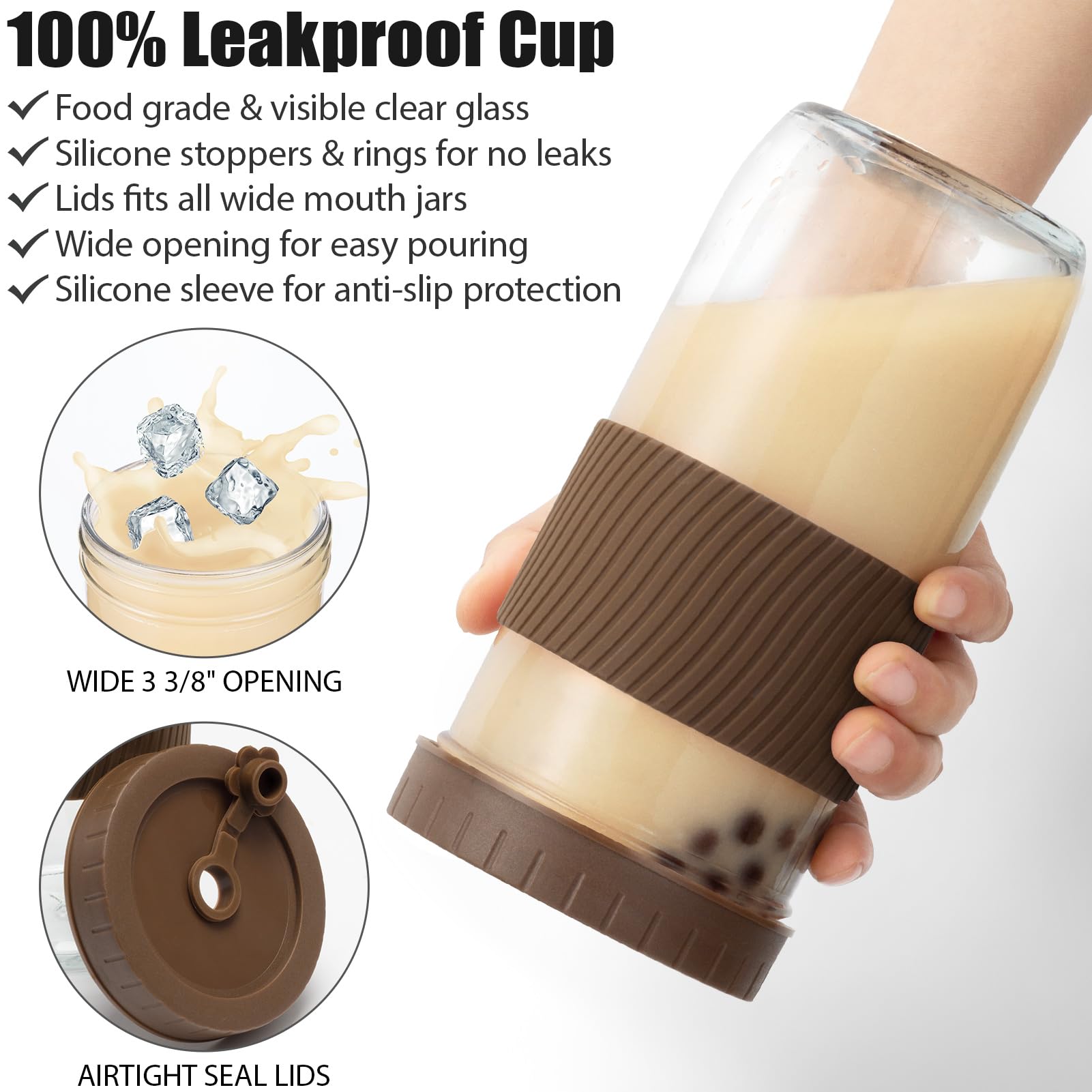 Reusable 24oz Glass Mason Jars with Lids & Straws - 2 Pack Wide Mouth Smoothie Cups, Bubble Tea Glasses with Silicone Sleeves - Leakproof Travel Tumbler for Iced Coffee, Juice & Large Pearls - Perfect for Home, Office & Birthday Gifts