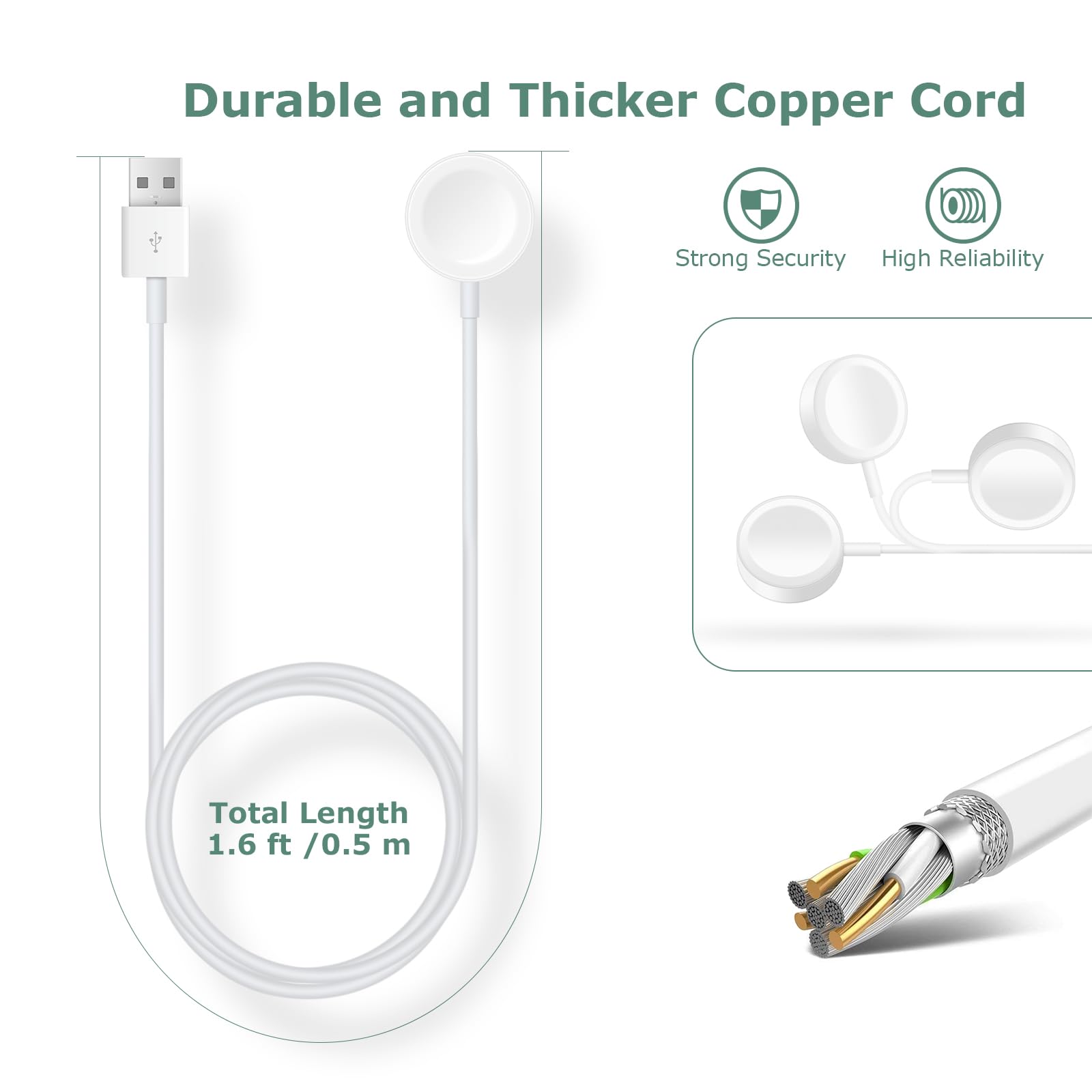 Upgrade Watch Charger 1.6 ft / 0.5m Portable Wireless Charging Cable for Apple Watch Series 9/8/7/SE - Fast Magnetic Charging Dock for Home, Office & Travel
