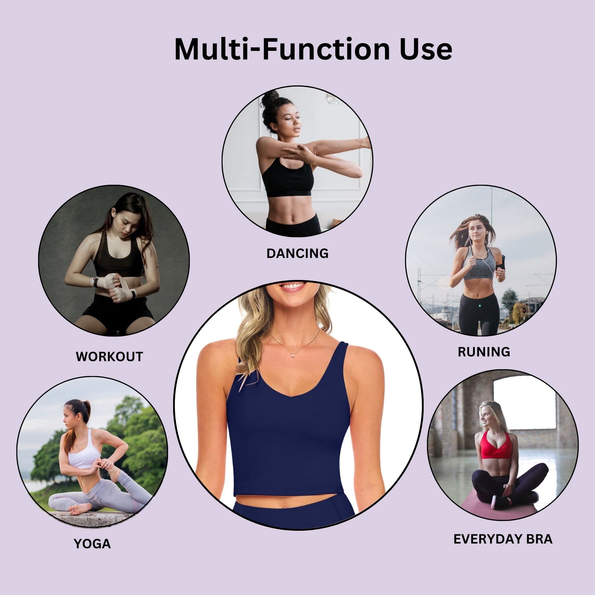 Women's M&M Scrubs Yoga Top - Wirefree Longline Padded Sports Bra with Medium Support & 5-Piece Workout Band Set for Gym, Running & Home Fitness
