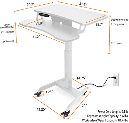 Stand Steady Cruizer Premier Electric Mobile Podium Desk with Keyboard Tray - Adjustable Height Sit Stand Desk with Wheels & Programmable Control Pad - Portable Lectern for Office, Classroom, Conference & Home Use (White)