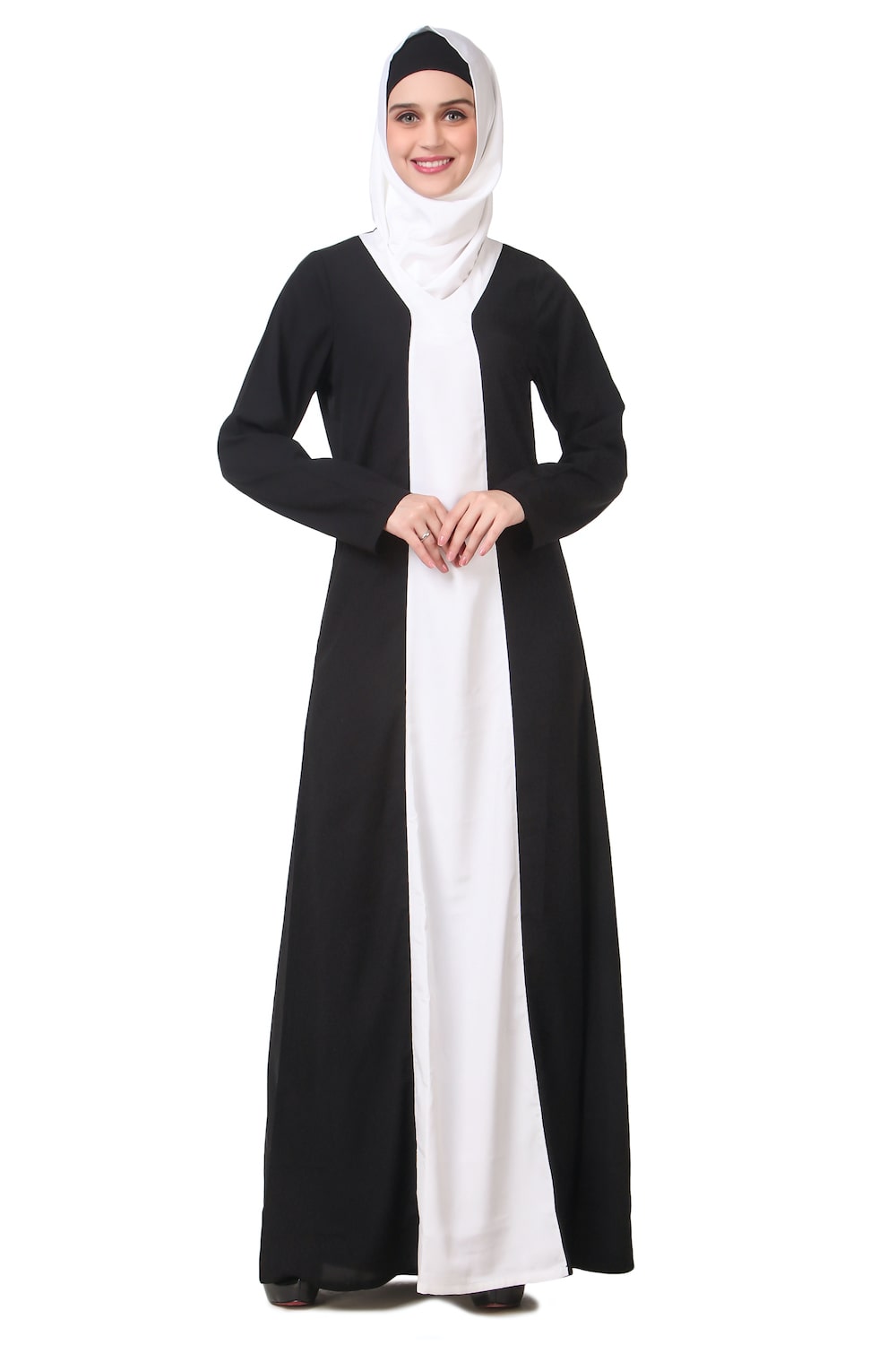 Elegant Black and White Contrast Panel Abaya - Modest Islamic Dress for Women - Perfect for Prayer, Mosque, and Special Occasions