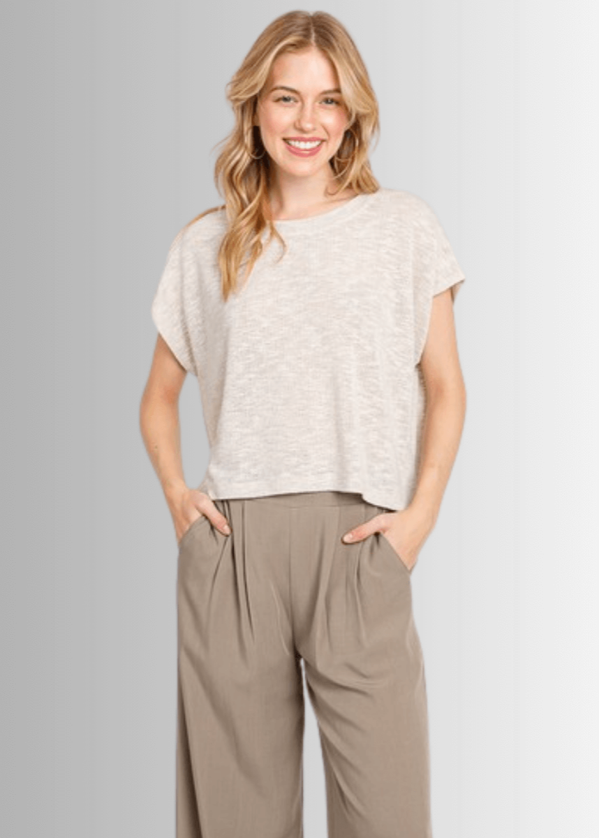 Kathryn Women's Oatmeal Round Neck Boxy Top - Casual Loose Fit Blouse for Everyday Wear, Office & Outings