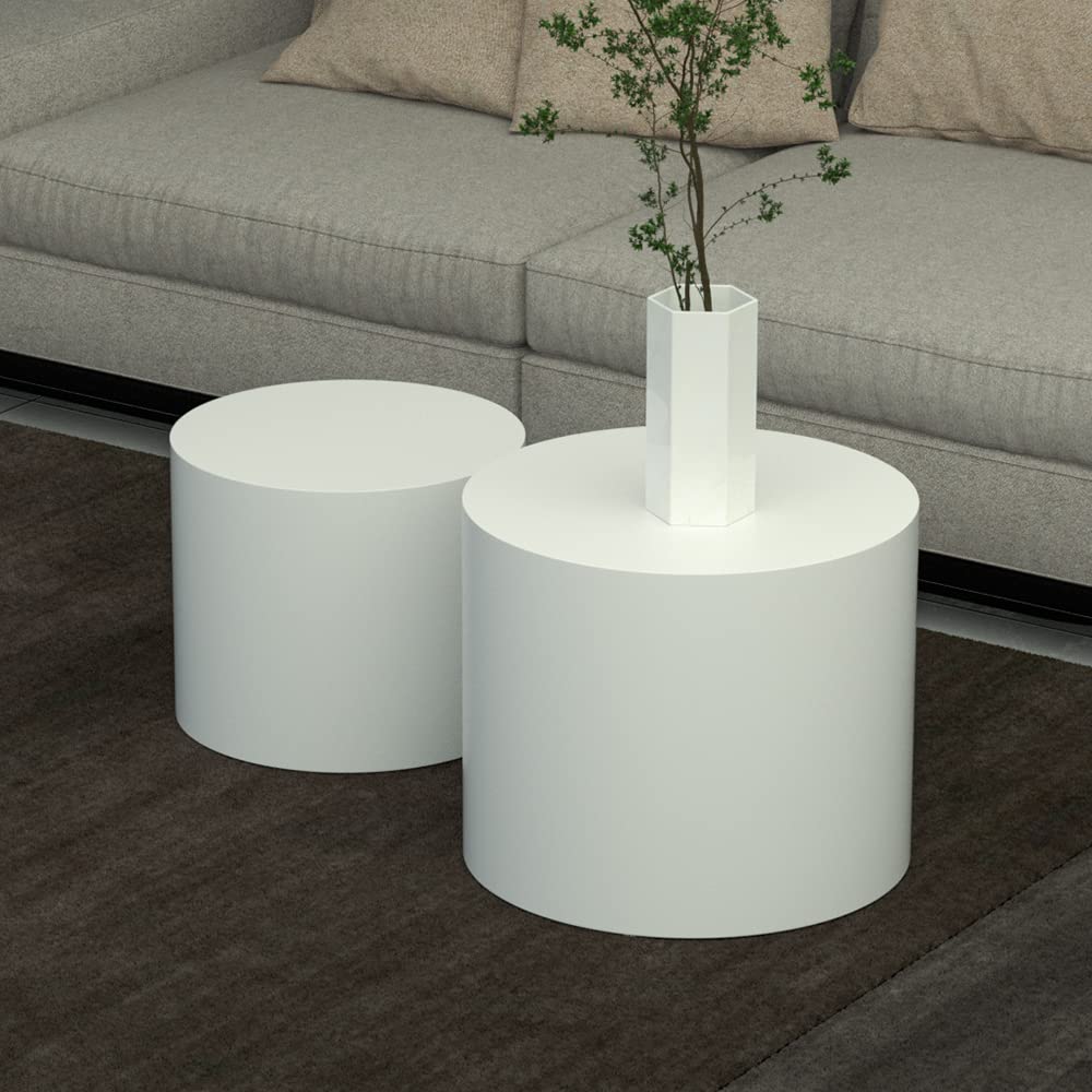 Kevinplus Modern White Coffee Table Set of 2 - Round Nesting Side Tables for Living Room, Bedroom & Office - Space Saving Small Circle End Tables (Matte White) - Perfect for Compact Spaces, Apartment Decor & Coffee Table Styling
