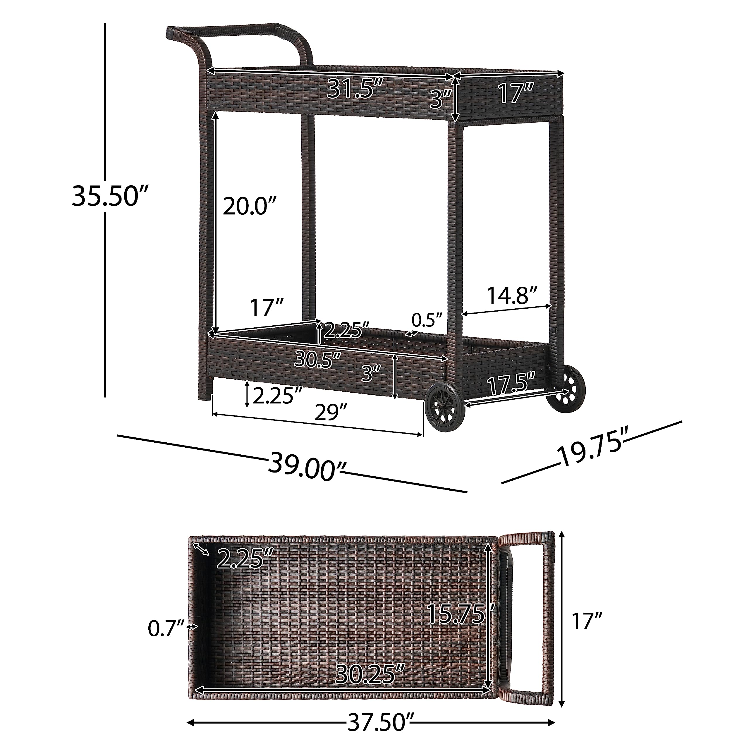 Christopher Knight Home Savona Bar Cart - Rustic Brown Rolling Bar Cart with 2 Shelves & Wheels for Living Room, Kitchen, or Home Bar - Perfect for Serving Drinks & Storing Glassware