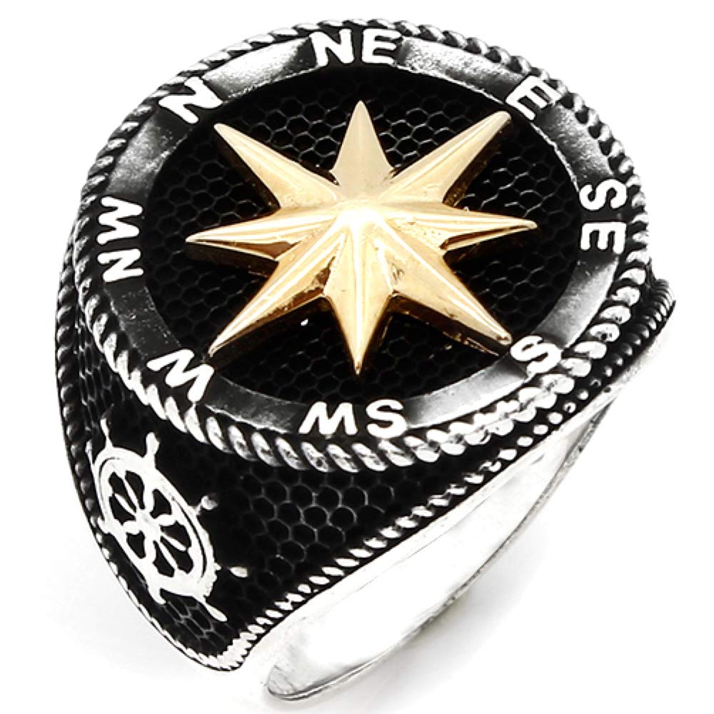 HarlemBling Solid 925 Sterling Silver & 10k Yellow Gold Men's Compass Ring - Nautical Anchor Jewelry for Men - Sizes 7-13 - Perfect for Gifts, Travel & Outdoor Adventures