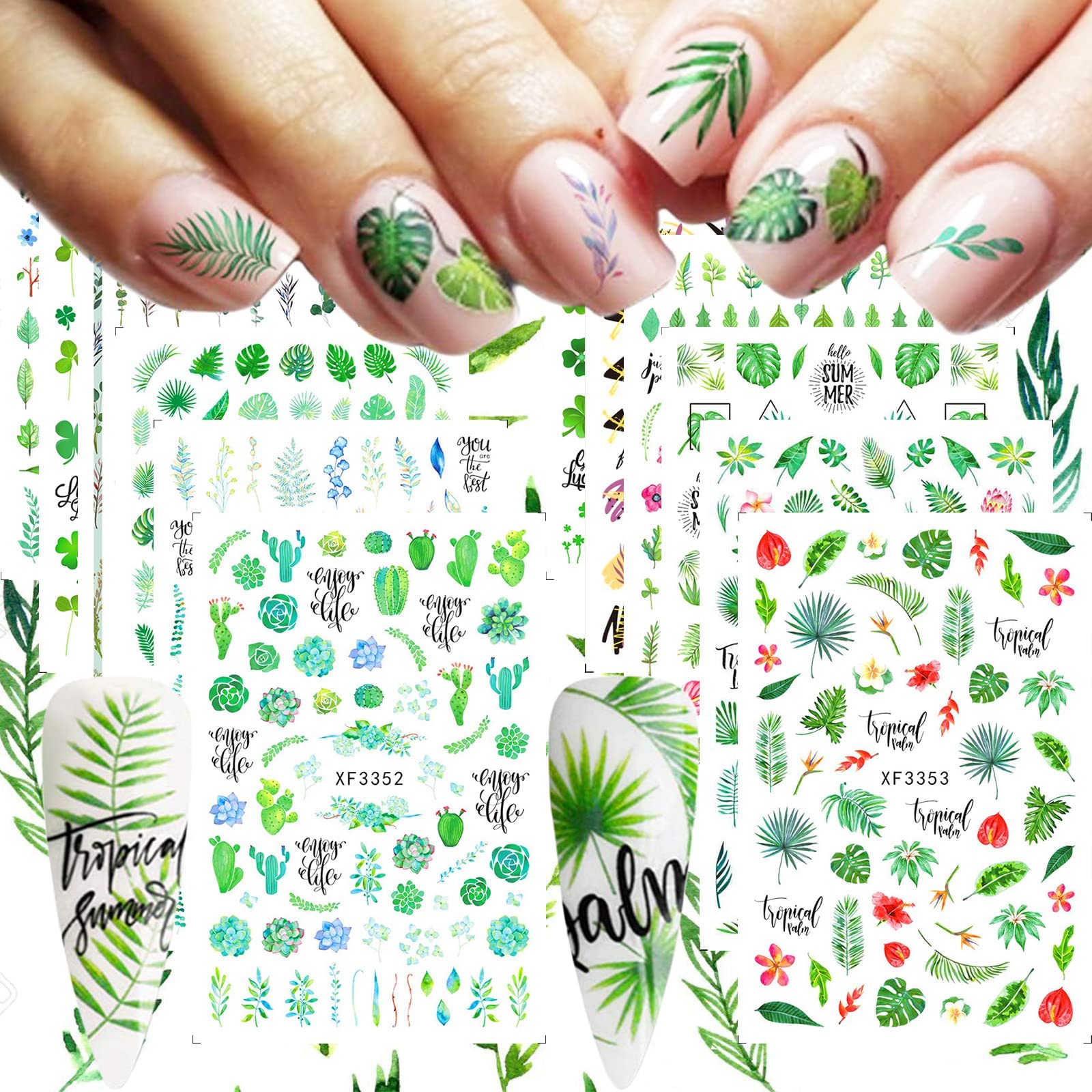 12 Sheets Summer Leaf Nail Art Stickers - 3D Self-Adhesive Nail Decals for Women, Palm Leaves & Clover Designs - Manicure Decorations & Nail Art Supplies | Perfect for Summer Nails, Beach Vacations & Tropical Themed Parties